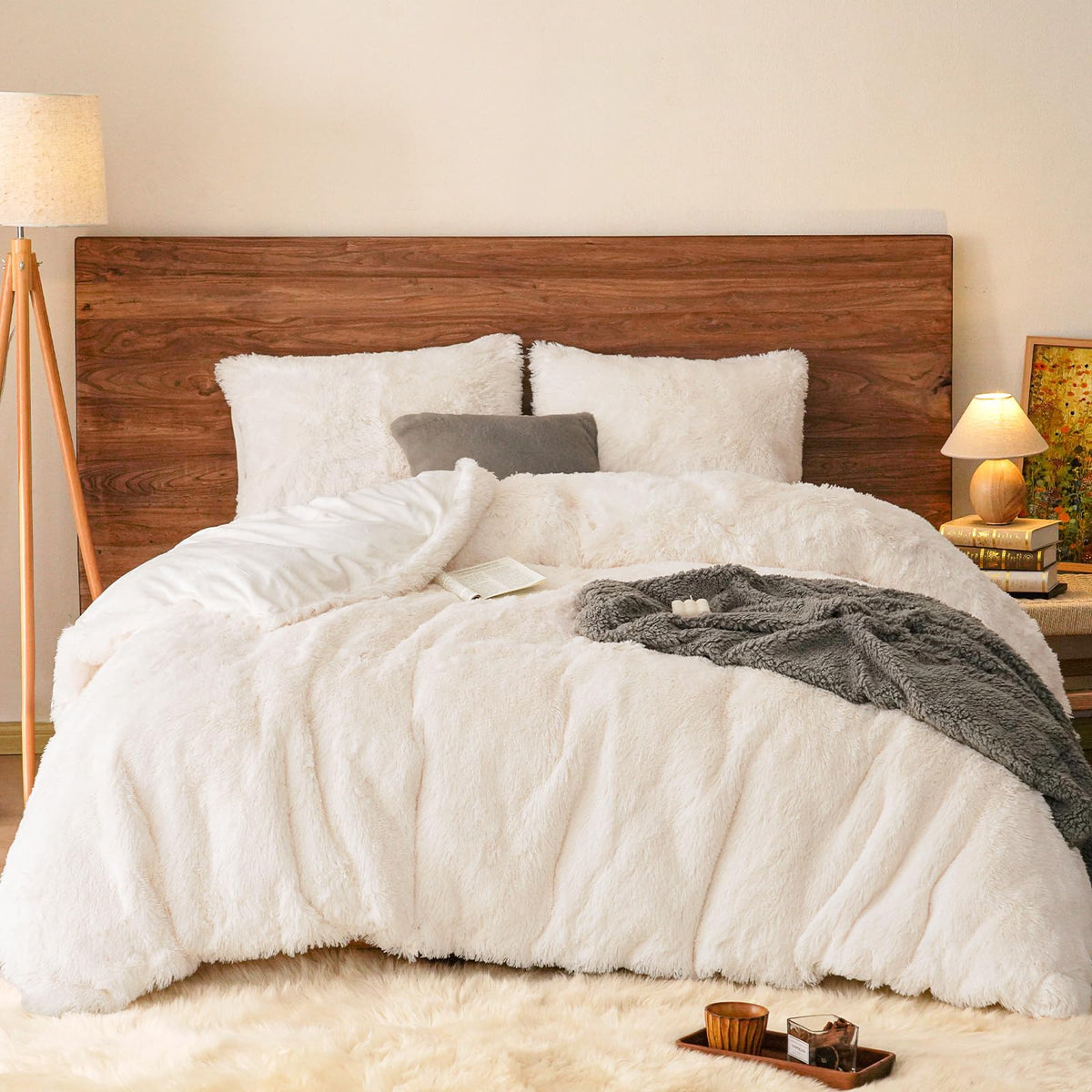 Phf Shaggy Fluffy Faux Fur Duvet Cover Set Queen Size,Luxury Warm Plush Comforter Cover For Winter Fall,3Pcs Soft Lightweight Ve