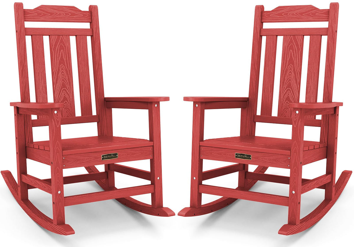 Serwall Hdpe Rocking Chair Set Of 2, All Weather Patio Rocking Chair, Hdpe Poly Rocking Chair For Adults, Heavy Duty Front Porch Rocker, Red