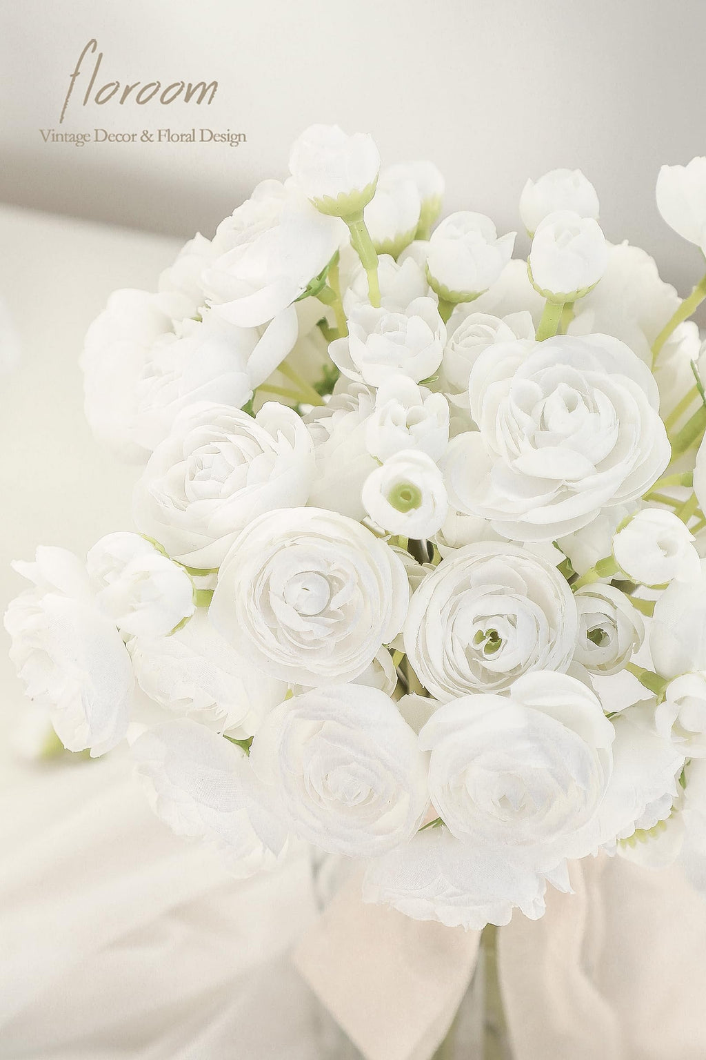Floroom Ranunculus Artificial Flowers 18 Pcs White Faux Silk Mini Ranunculus Bulk Fake Wedding Filler Flowers For Diy Bouquets,