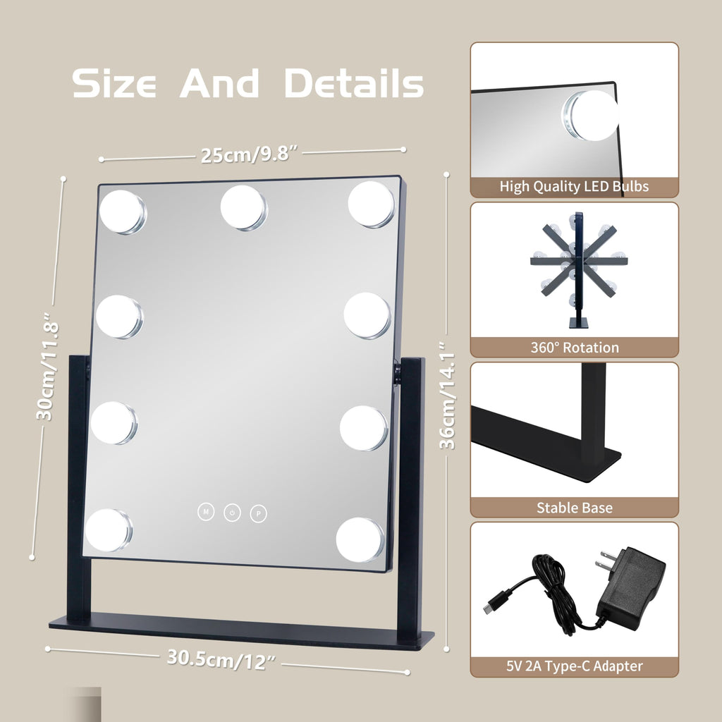 Nusvan Vanity Mirror With Lights,Makeup Mirror With Lights With 9 Dimmable Led Bulbs, 3 Color Lighting Modes Detachable 10X Magn