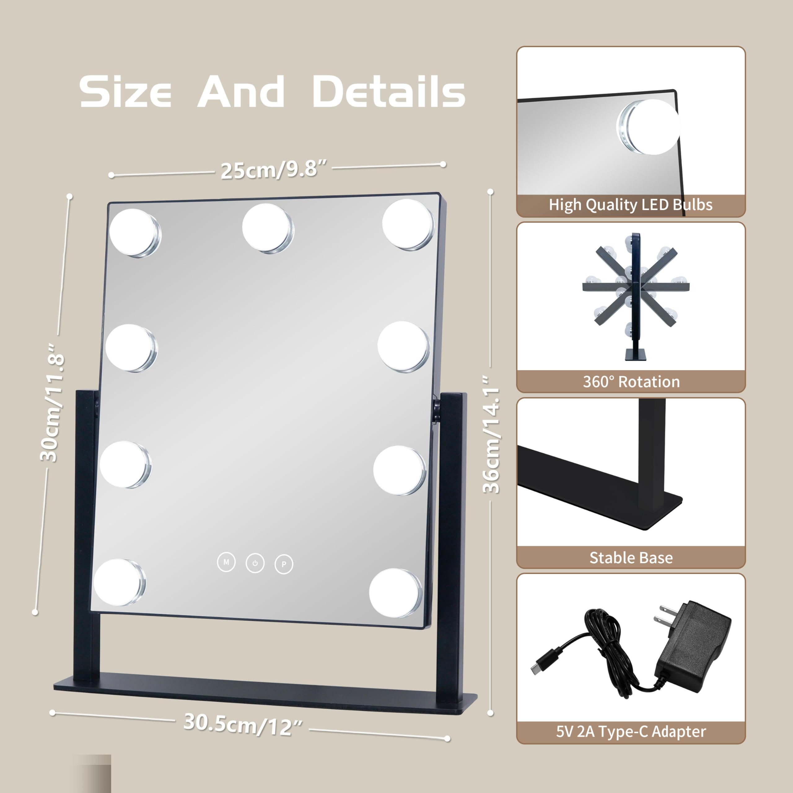 Nusvan Vanity Mirror With Lights,Makeup Mirror With Lights With 9 Dimmable Led Bulbs, 3 Color Lighting Modes Detachable 10X Magn