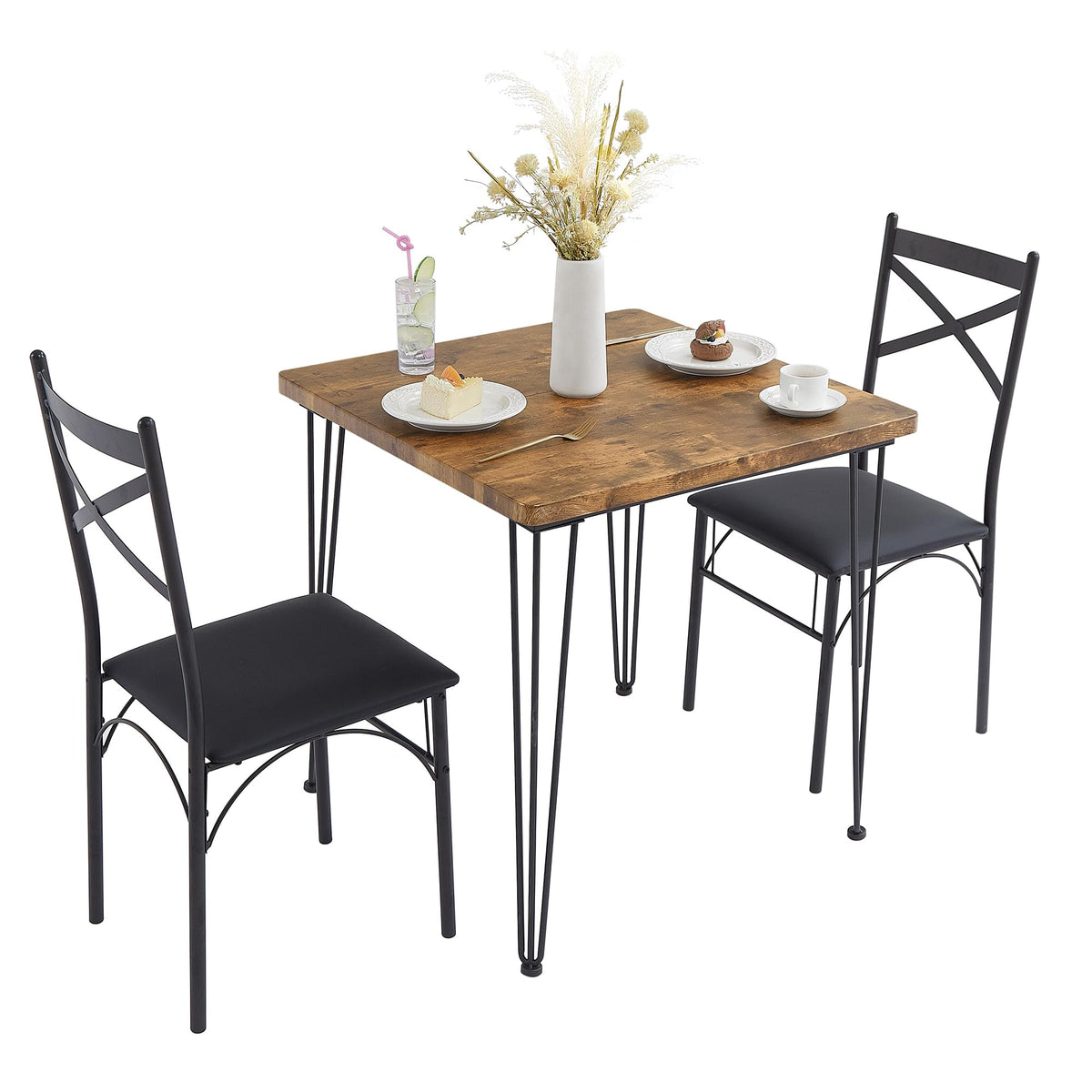 Vecelo 3-Piece Dining Room Kitchen Table And Pu Cushion Chair Sets For Small Space, 2, Classic Brown,Dining Set For 2