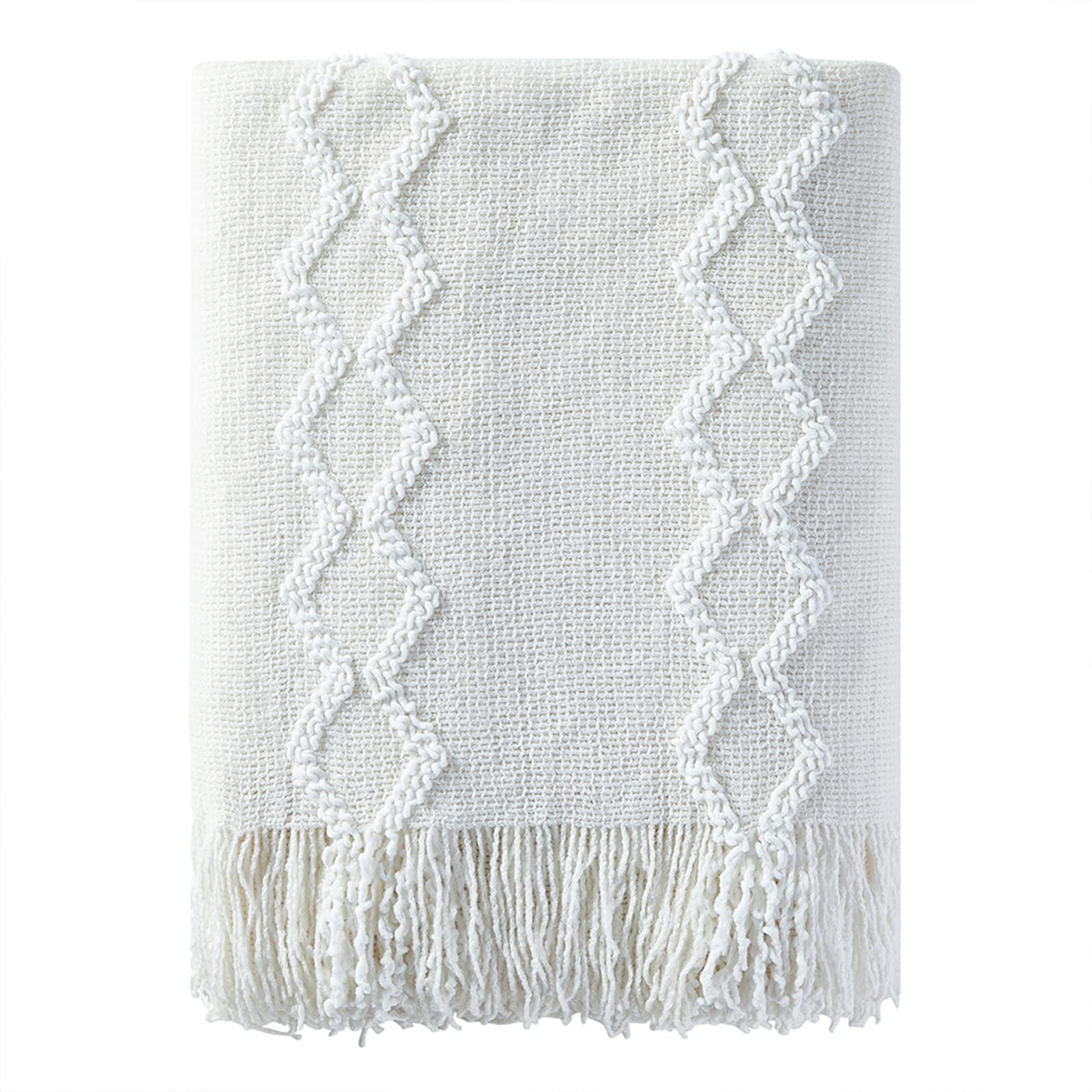 Bourina Fluffy Chenille Knitted Fringe Throw Blanket Lightweight Soft Cozy For Bed Sofa Chair Throw Blankets, Off White 50' X 6