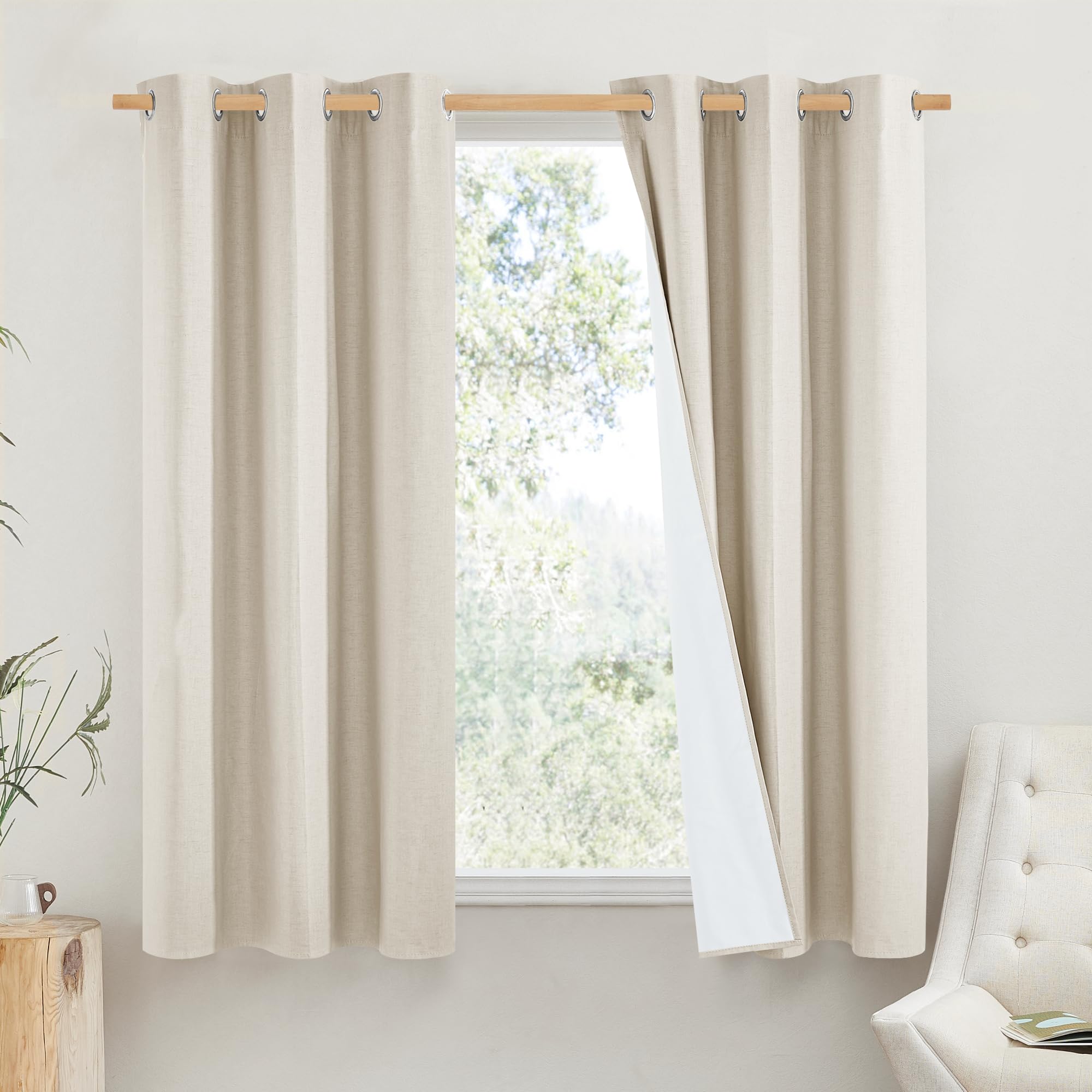 NICETOWN Linen Blackout Cold Blocking Curtains 63 Long for Classroom, Beige, Set of 2, Short Kitchen Burlap Linen 100% Blackout 