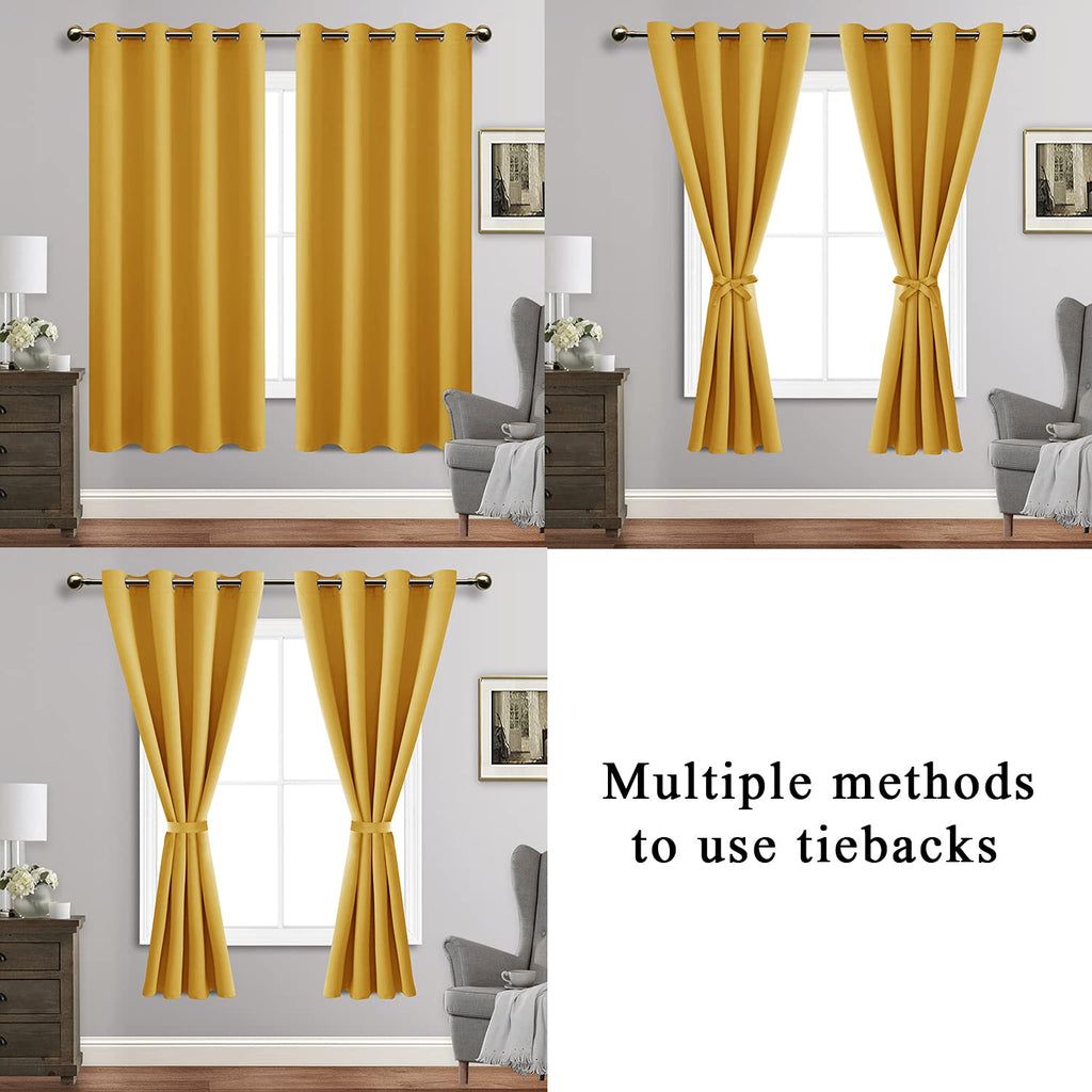 Jiuzhen Blackout Curtains With Tiebacks - Thermal Insulated, Light Blocking And Noise Reducing Grommet Curtain Drapes For Bedroom And Living Room, Set Of 2 Panels, Yellow, 52 X 63 Inch Length