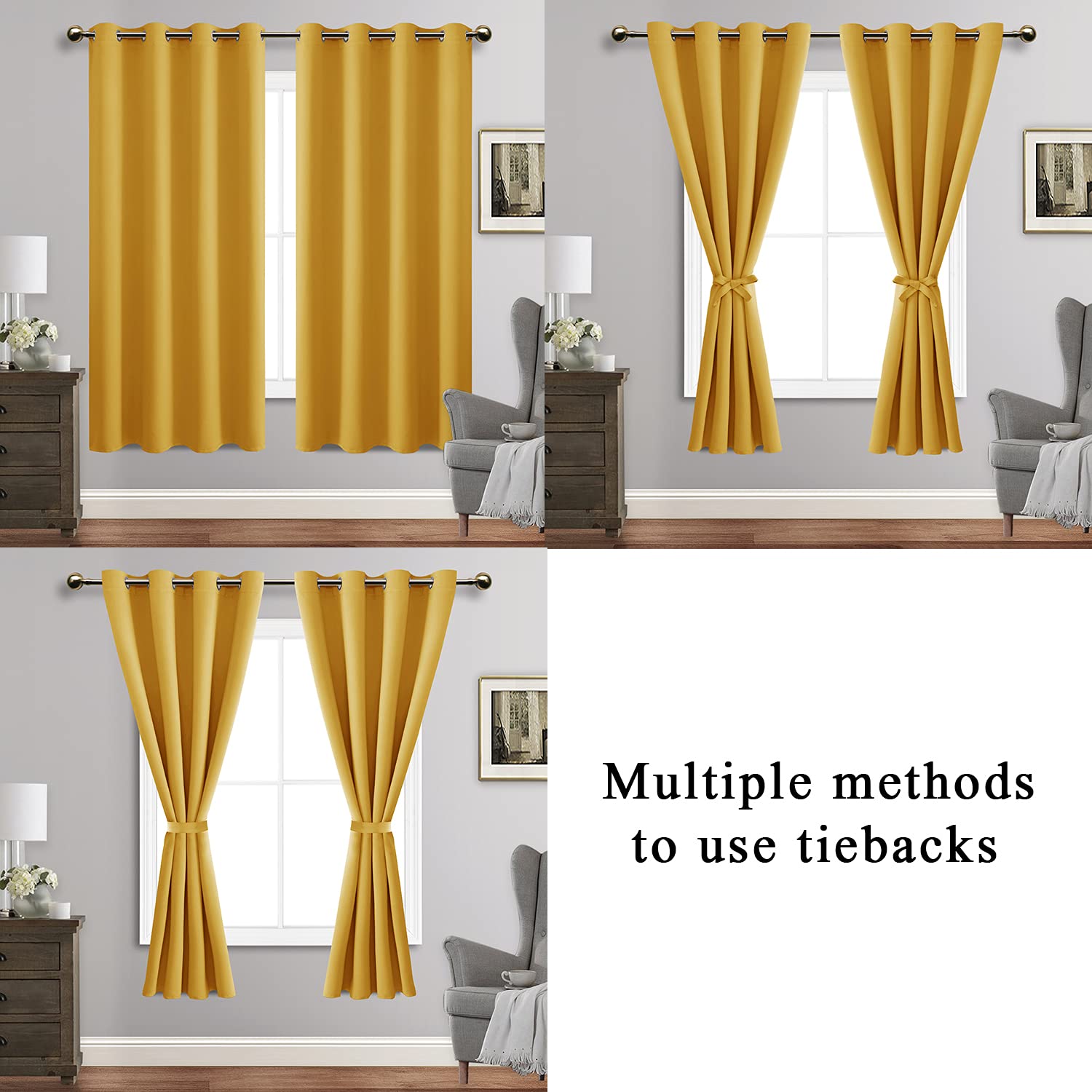 Jiuzhen Blackout Curtains With Tiebacks - Thermal Insulated, Light Blocking And Noise Reducing Grommet Curtain Drapes For Bedroom And Living Room, Set Of 2 Panels, Yellow, 52 X 63 Inch Length