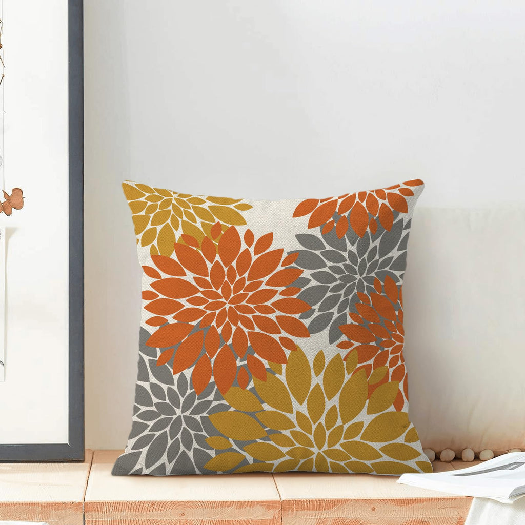 Fall Burnt Orange Outdoor Pillow Covers 18X18 Inch Set Of 2 Mustard Yellow Grey Dahlia Floral Decor Throw Pillows Modern Geometr
