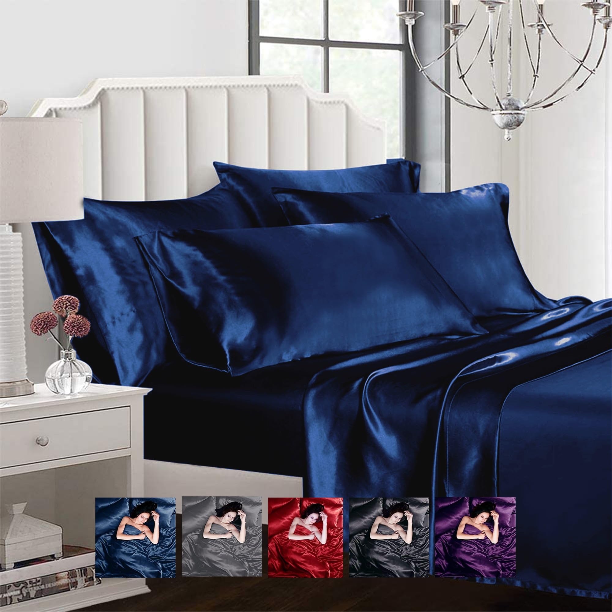 Ahmedani Linen Sexy Satin Sheet 6 Pcs Queen Bedding Set 1 Duvet Cover + 1 Fitted Sheet + 4 Pillow Cases Navy Queen