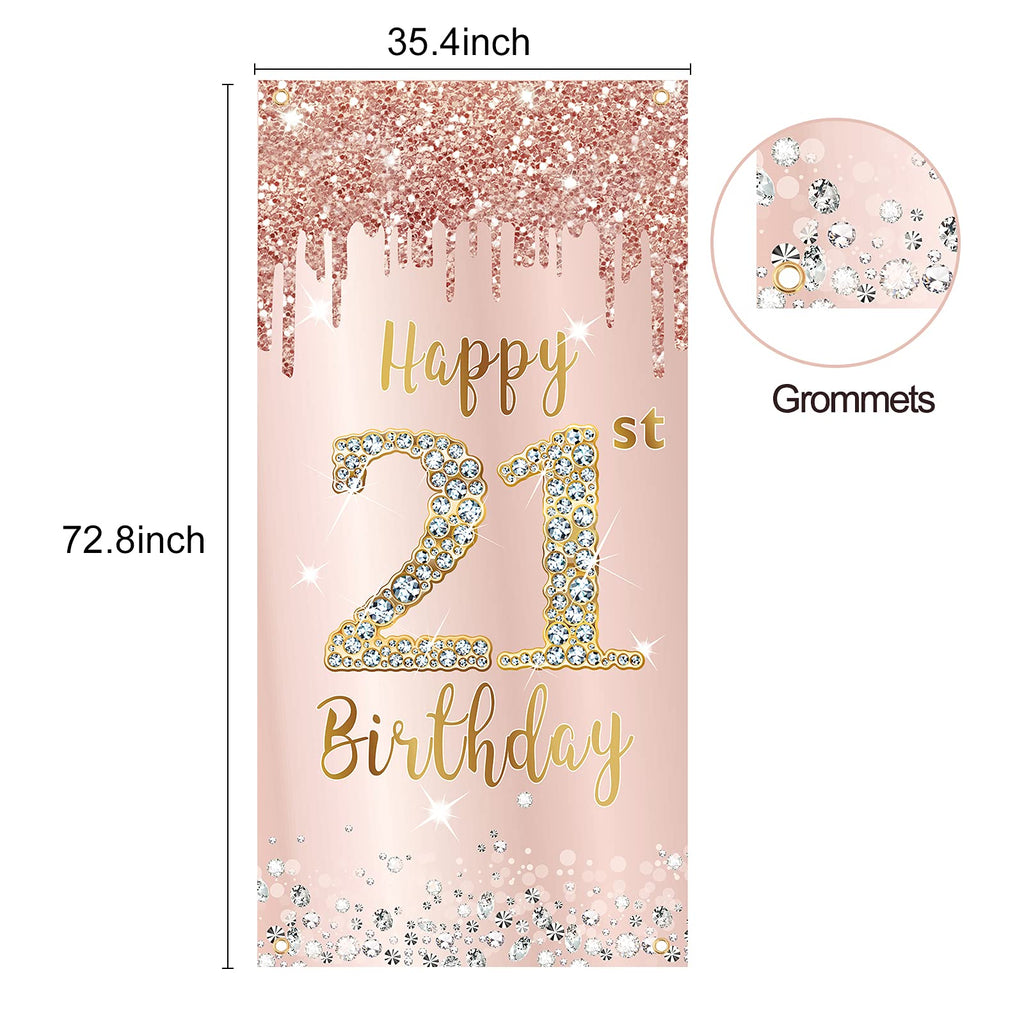 Happy 21St Birthday Door Banner Backdrop Decorations For Women, Pink Rose Gold 21 Birthday Party Door Cover Sign Supplies, 21 Ye