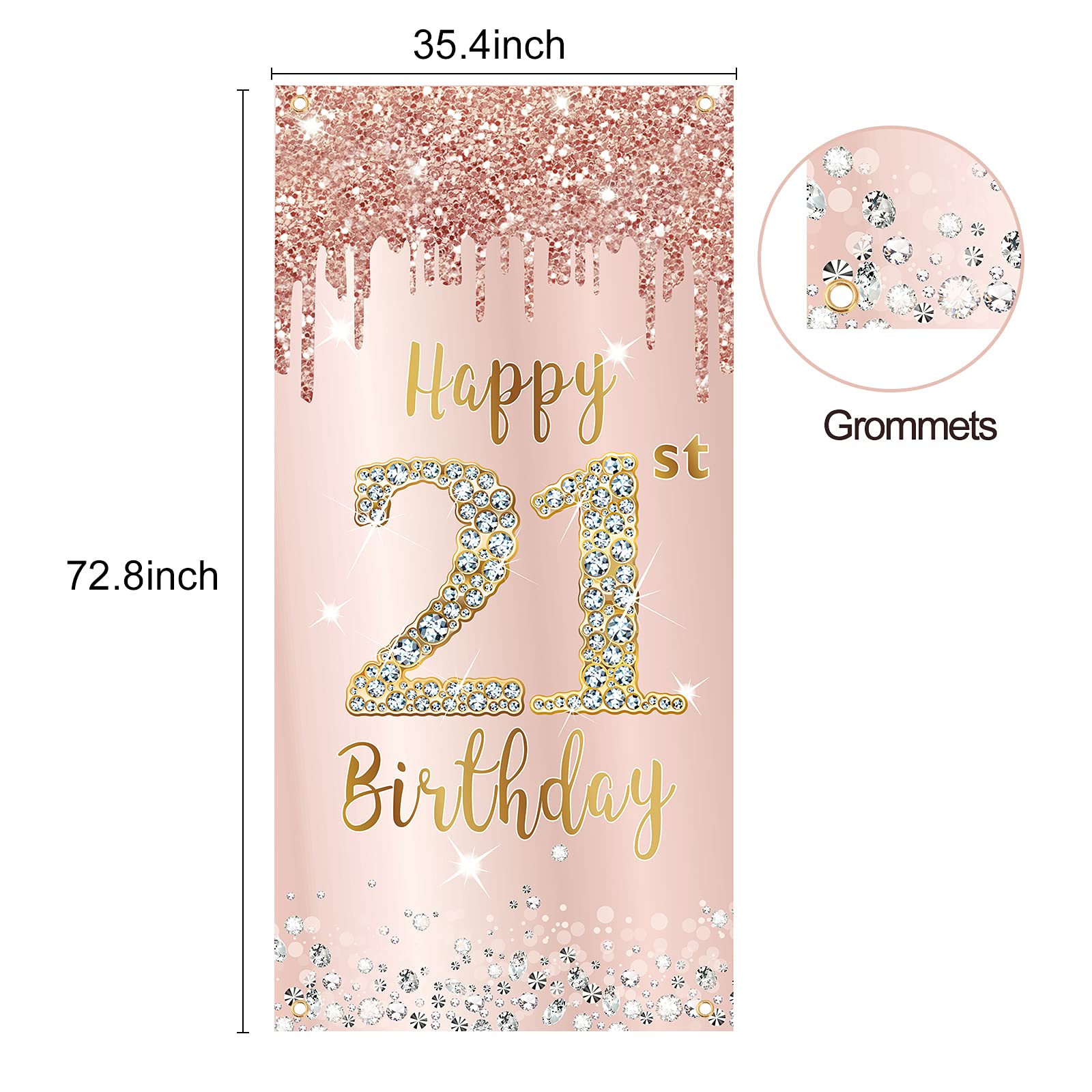 Happy 21St Birthday Door Banner Backdrop Decorations For Women, Pink Rose Gold 21 Birthday Party Door Cover Sign Supplies, 21 Ye