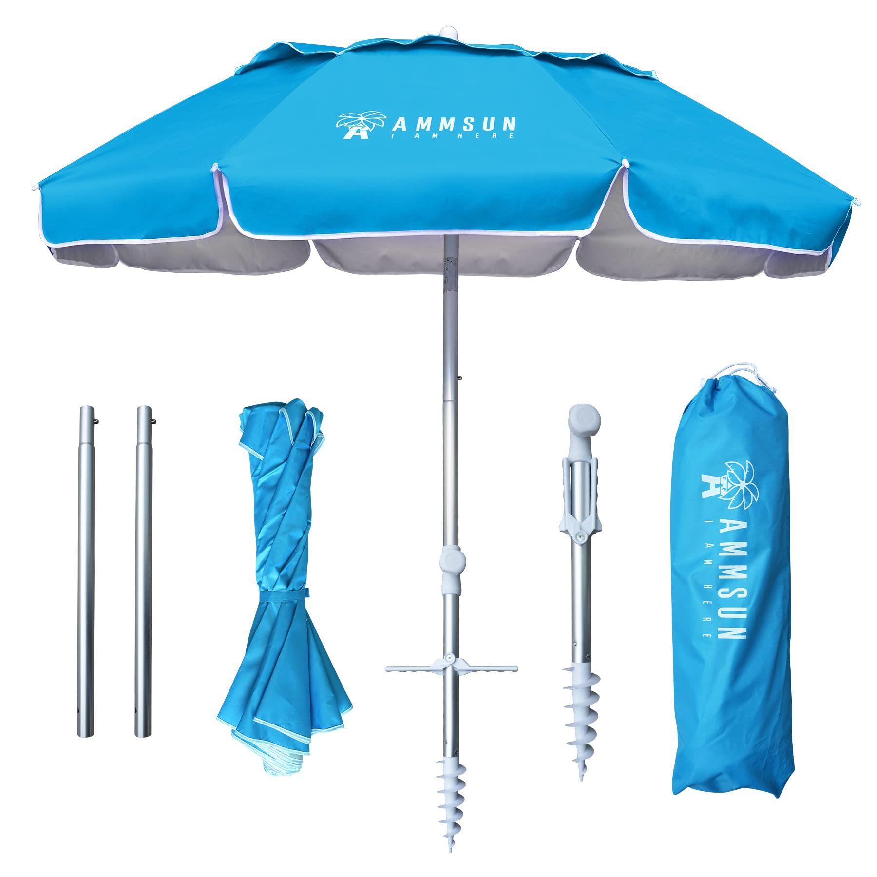 AMMSUN 6ft Folded Portable Travel Beach Umbrella with Sand Anchor Tilt Air vent UPF 50+UV Protection Fit In Suitcase Compact Fol