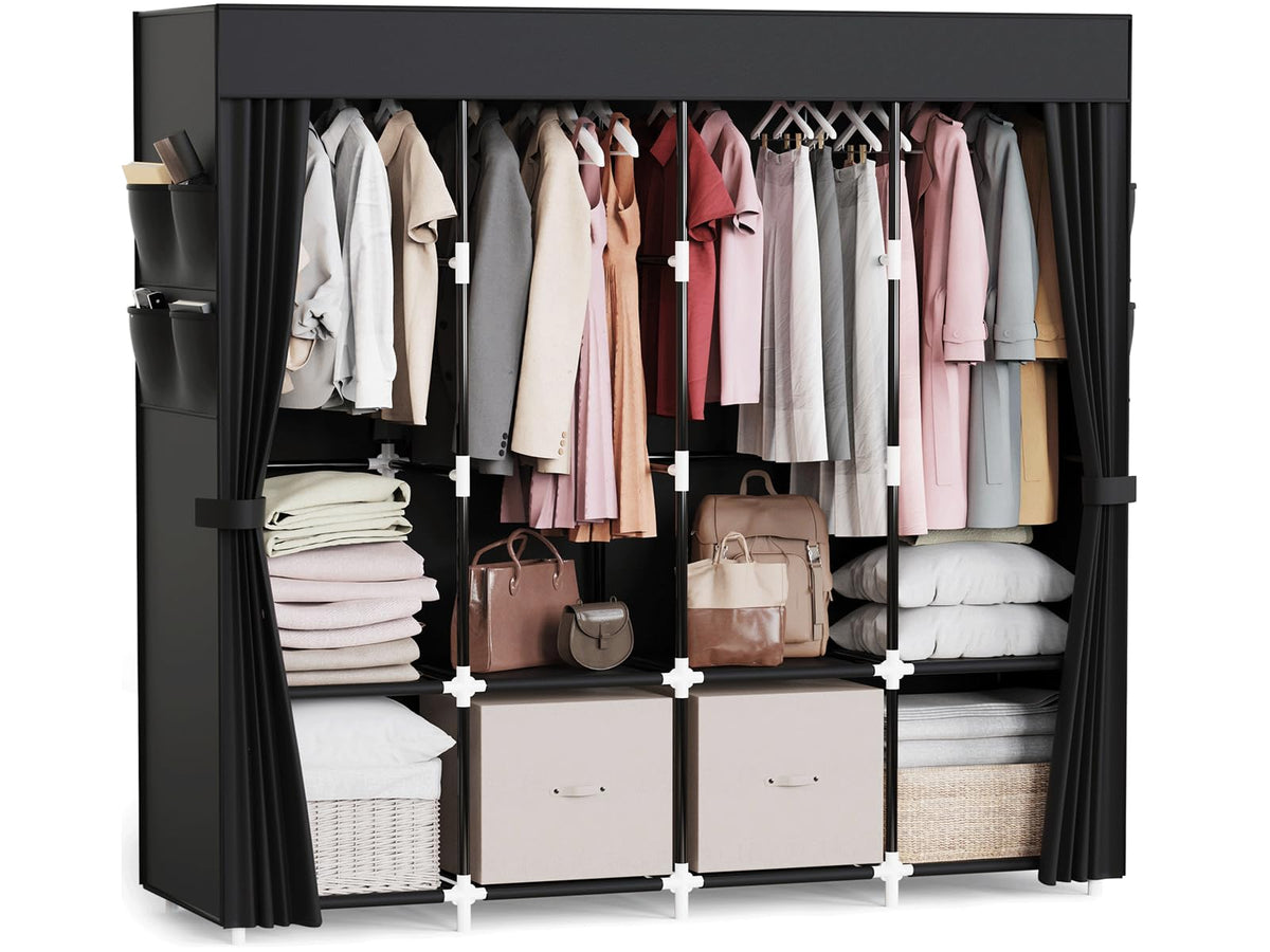 Mavivegue Clothes Organizer with 4 Hanging Rods, Portable Closet Wardrobe, NonWoven Fabric Cover, Large Capacity Storage for Be