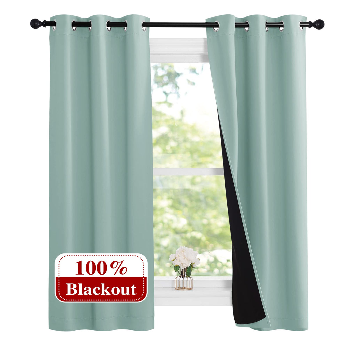 Nicetown Aqua Blue 100% Blackout Lined Curtains, 2 Thick Layers Narrow Wide Window Treatment Panels Thermal Insulated Drapes For