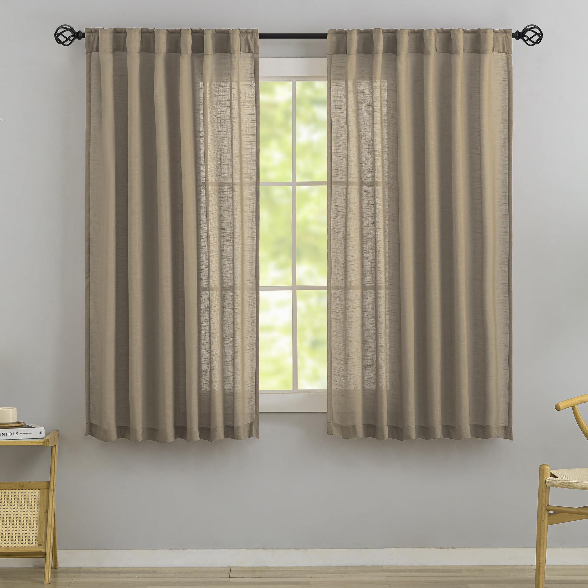 Donren Taupe Burlap Linen Textured Curtains & Drapes For Children' Bedroom 63 Inch Length - 2 Panels Back Tab Hooks Belt Pleated Pocket Light Filtering Semi Sheer Curtain Drapes For Bathroom Window