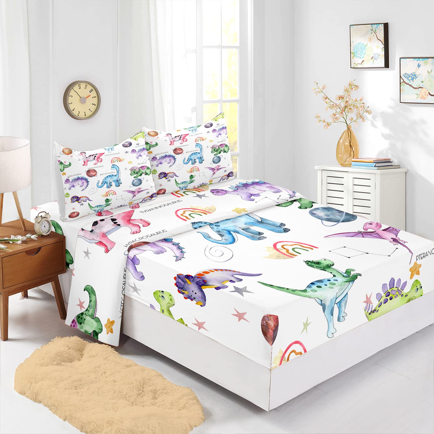 Cvhouse Dinosaur Fitted Sheet Twin Size,Dinosaur Bedding Set,Dinosaur Bed Sheet Set For Kids Teens,1 Flat Sheet & 1 Fitted Sheet