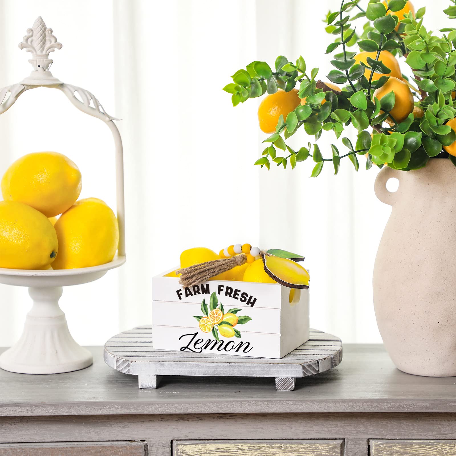Lemon Mini Crate Summer Tiered Tray Decor With 8 Faux Lemons With Wood Bead Tassel Farmhouse Lemonade Kitchen Decorations Summer