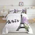 Eiffel Tower Comforter Set Purple Lavender Flowers Print Bedding Set, Romantic Paris City Floral Style Decor For Kids Girls Boys