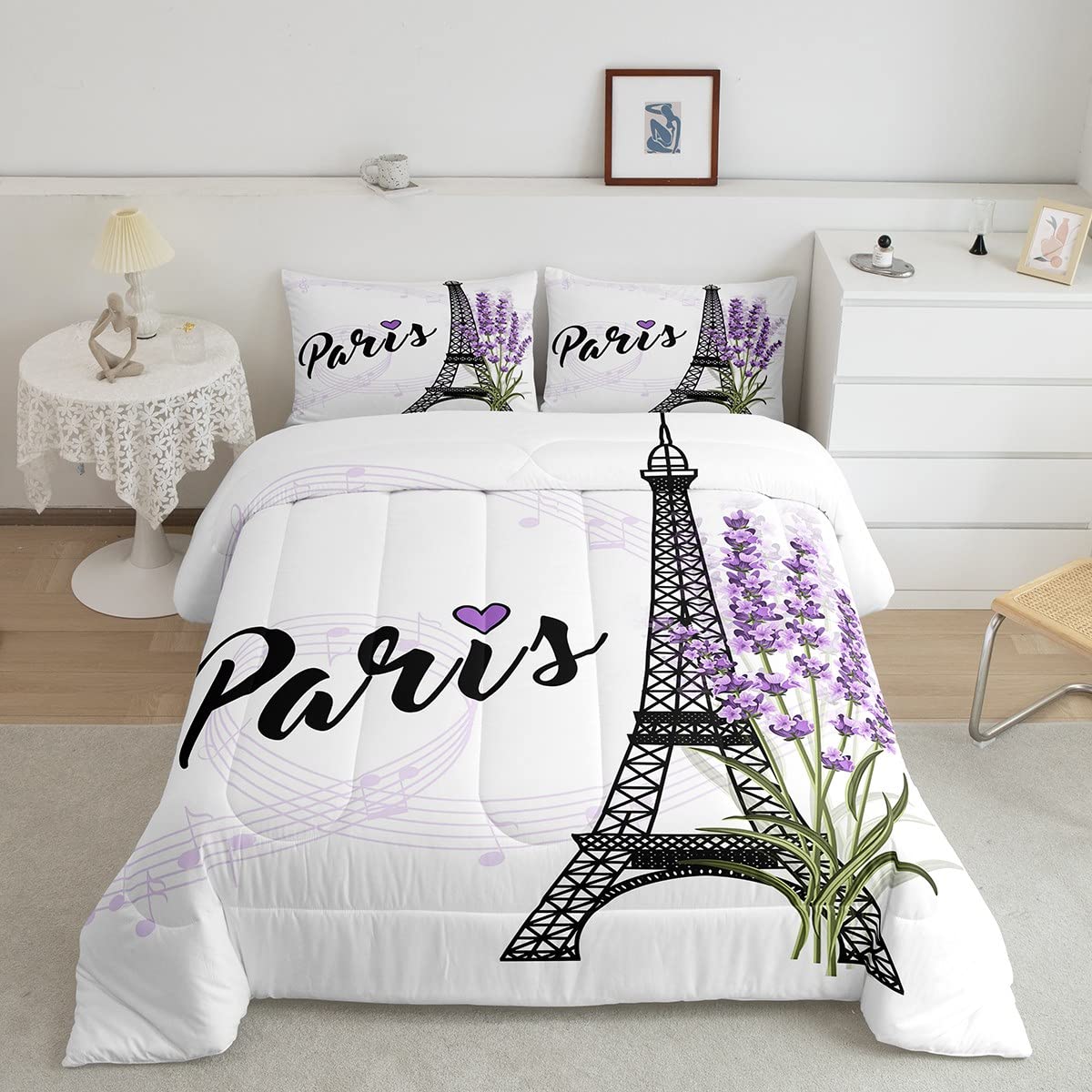 Homewish Eiffel Tower Comforter Set King Size, Purple Lavender Flowers Print Bedding Set, Romantic Paris City Floral Style Decor