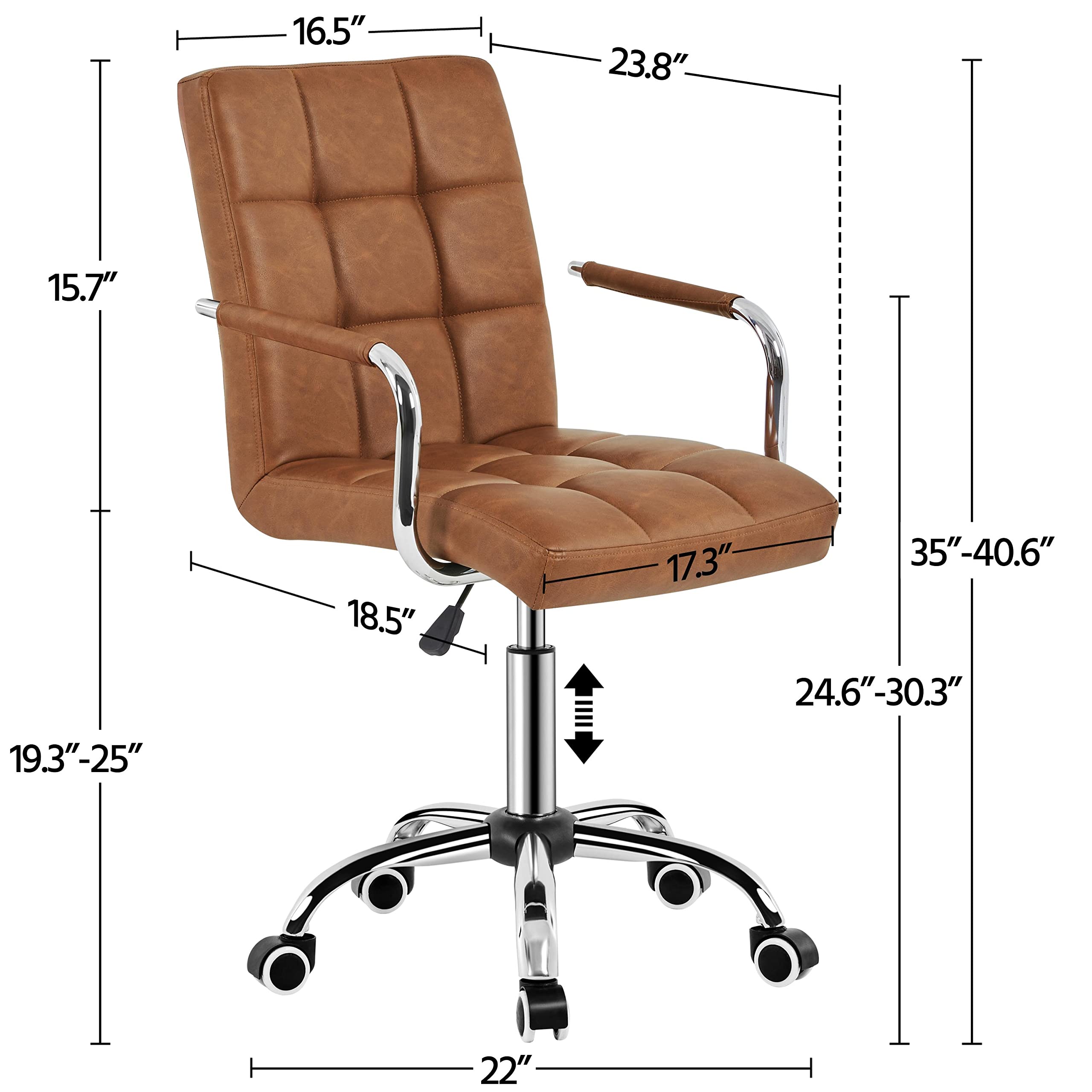Yaheetech Pu Leather Office Desk Chair Mid Back Height Adjustable Chair Comfortable Computer Swivel Chair W/Armrests, Retro Brown