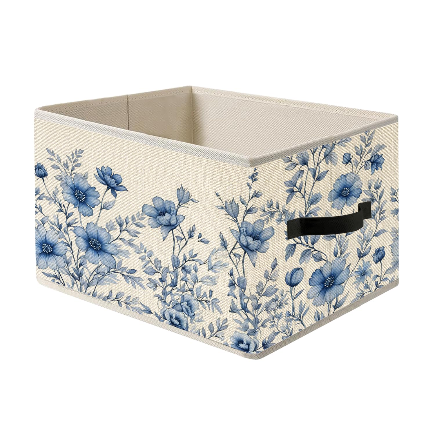 FITIE Blue and White Vintage Floral Storage Bin Box with Handles, Grandmillennial Flower Botanical Foldable Organizer Basket Toy
