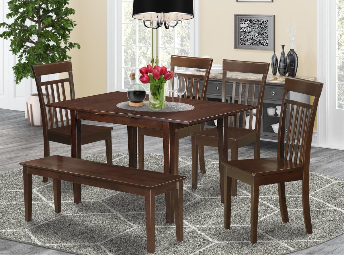East West Furniture Psca6-Mah-W 6 Piece Dining Set Contains A Rectangle Dining Room Table With Butterfly Leaf And 4 Kitchen Chairs With A Bench, 32X60 Inch, Mahogany