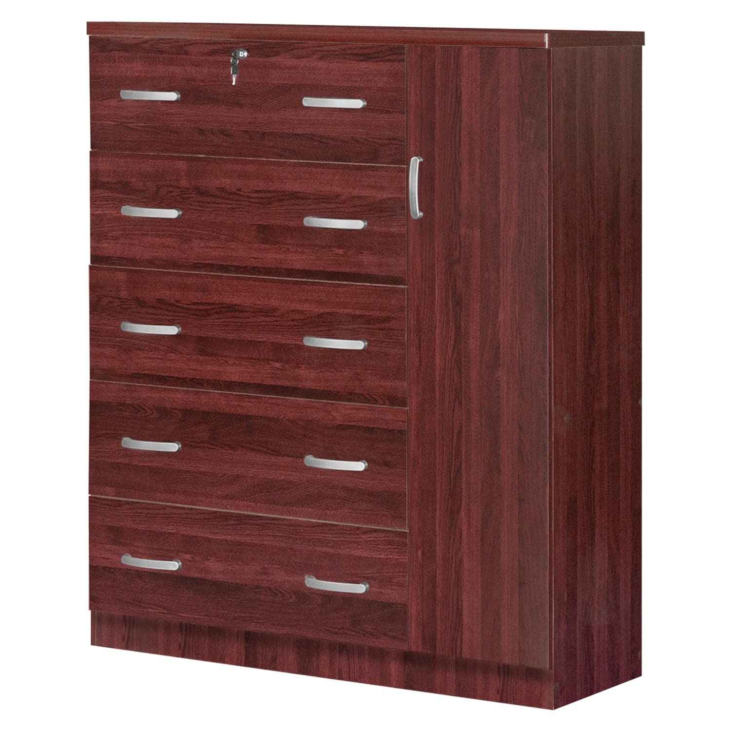 Better Home Products JCF Sofie 5 Drawer Wooden Tall Chest Wardrobe in Mahogany