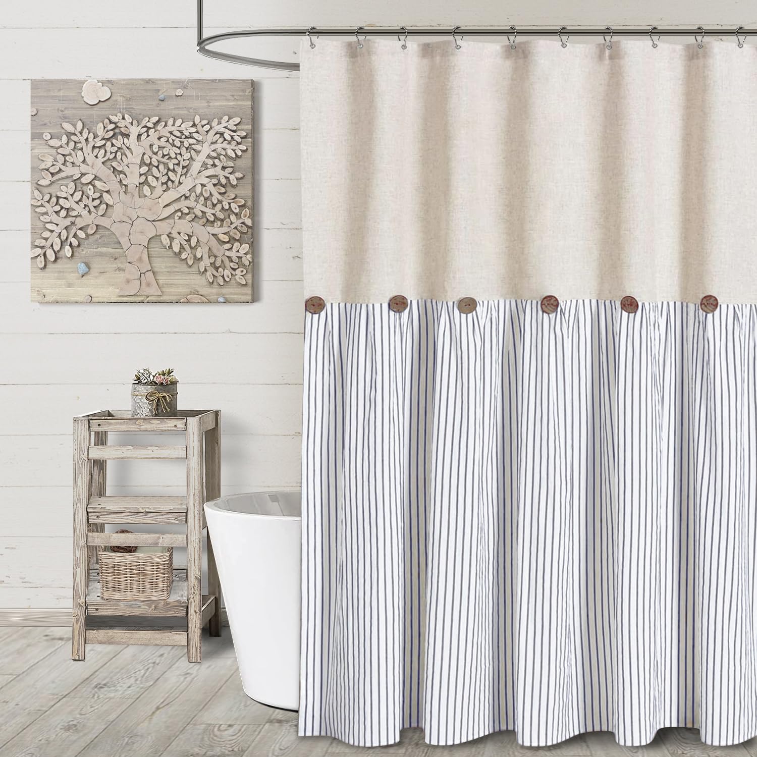 Awellife Farmhouse Shower Curtain For Bathroom Blue Stripe Linen And Cotton Woven Fabric, Country Rustic Style Shower Curtain Set (Blue, 72' L X 72' W)