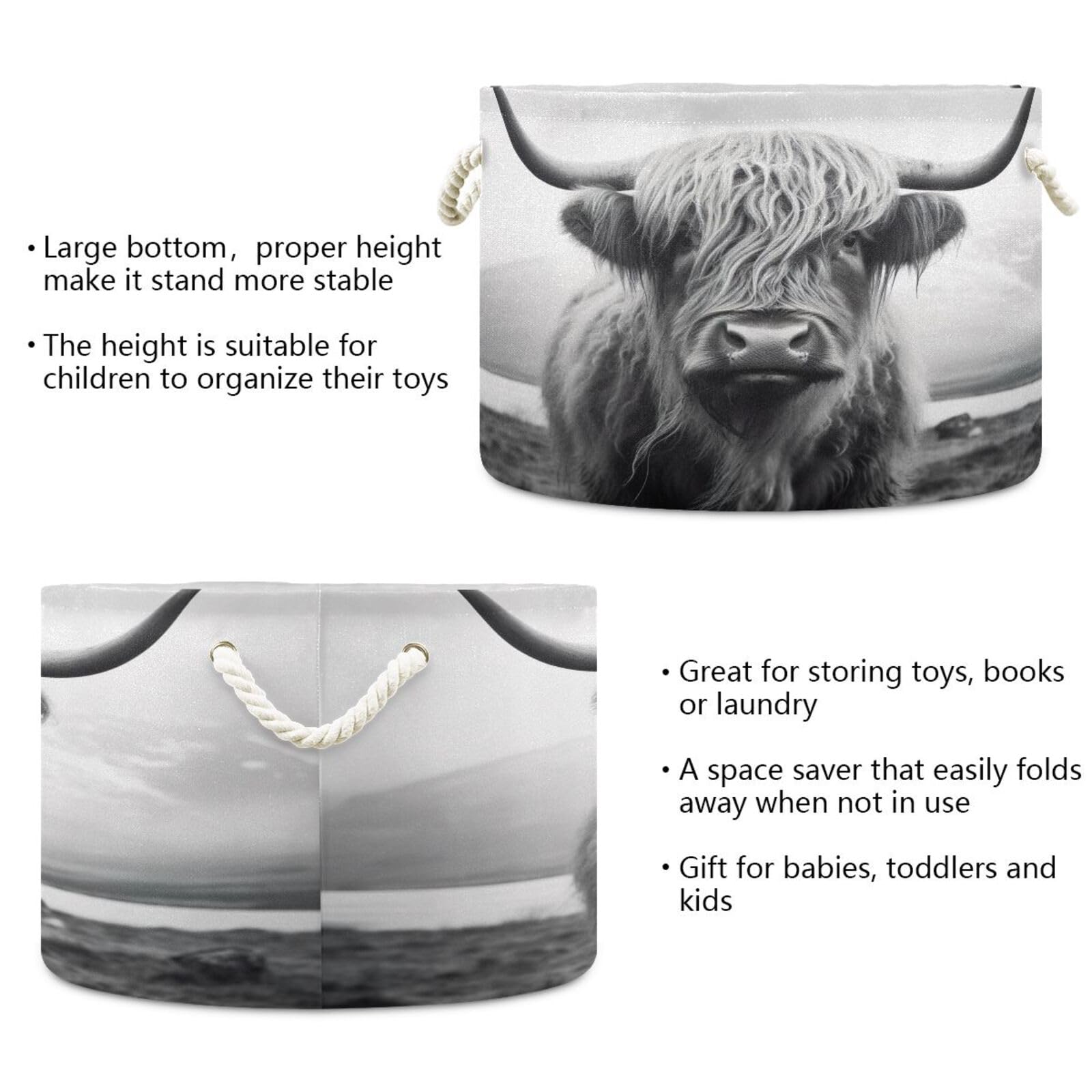 Wellday Cotton Rope Basket Highland Cow Baby Laundry Basket For Blankets Toys Storage Basket