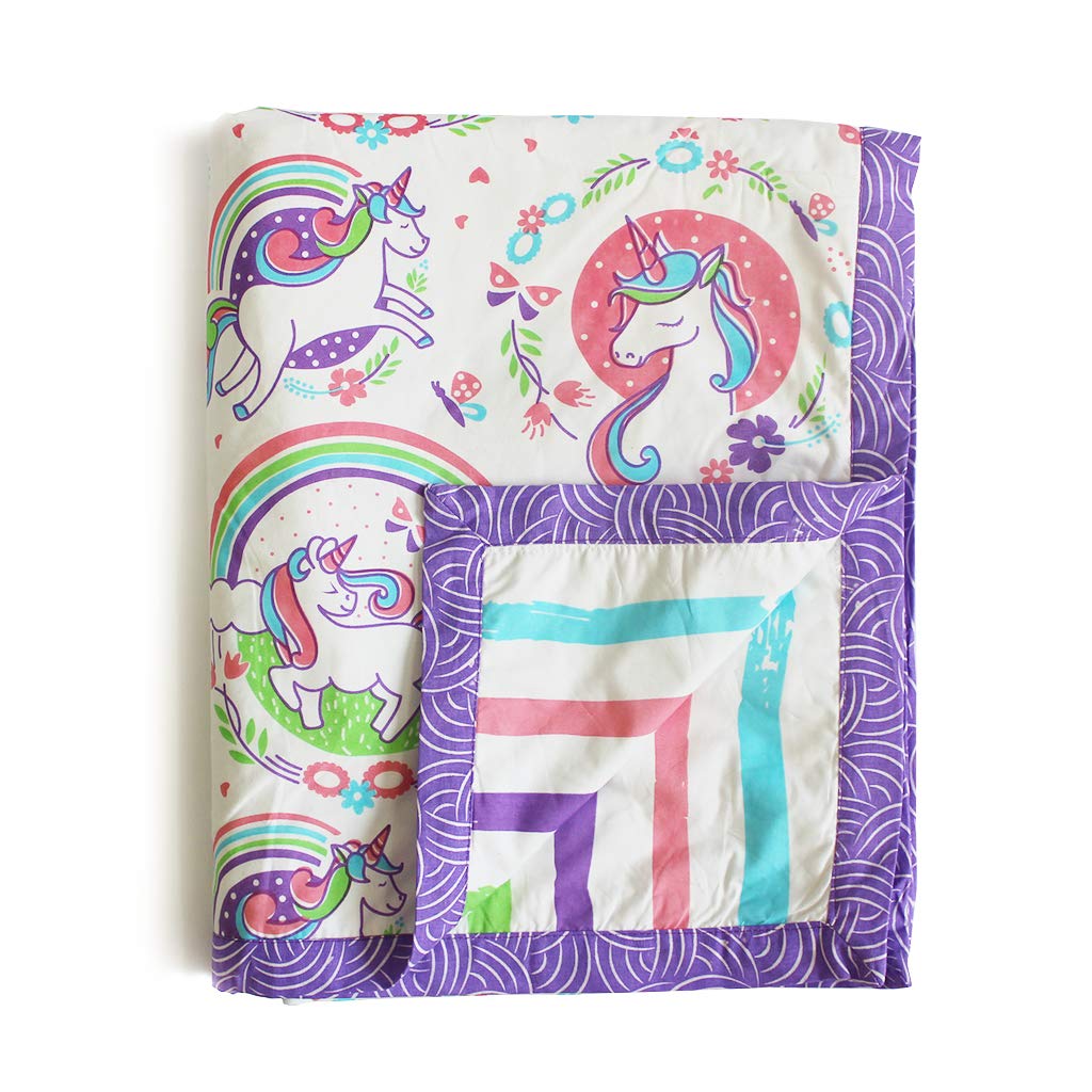 Silverlinen Unicorn & Rainbows 100% Cotton 3 Layer Reversible Single Blanket Dohar for Kids  Multicolour (Size: 60 in x 88 in)