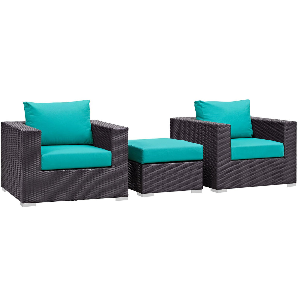 Modway Convene Wicker Rattan 3-Piece Outdoor Patio Furniture Set In Espresso Turquoise