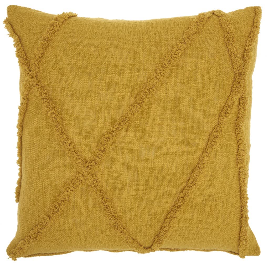 HomeRoots White Cotton Dark Mustard Abstract Shaggy Detail Throw Pillow