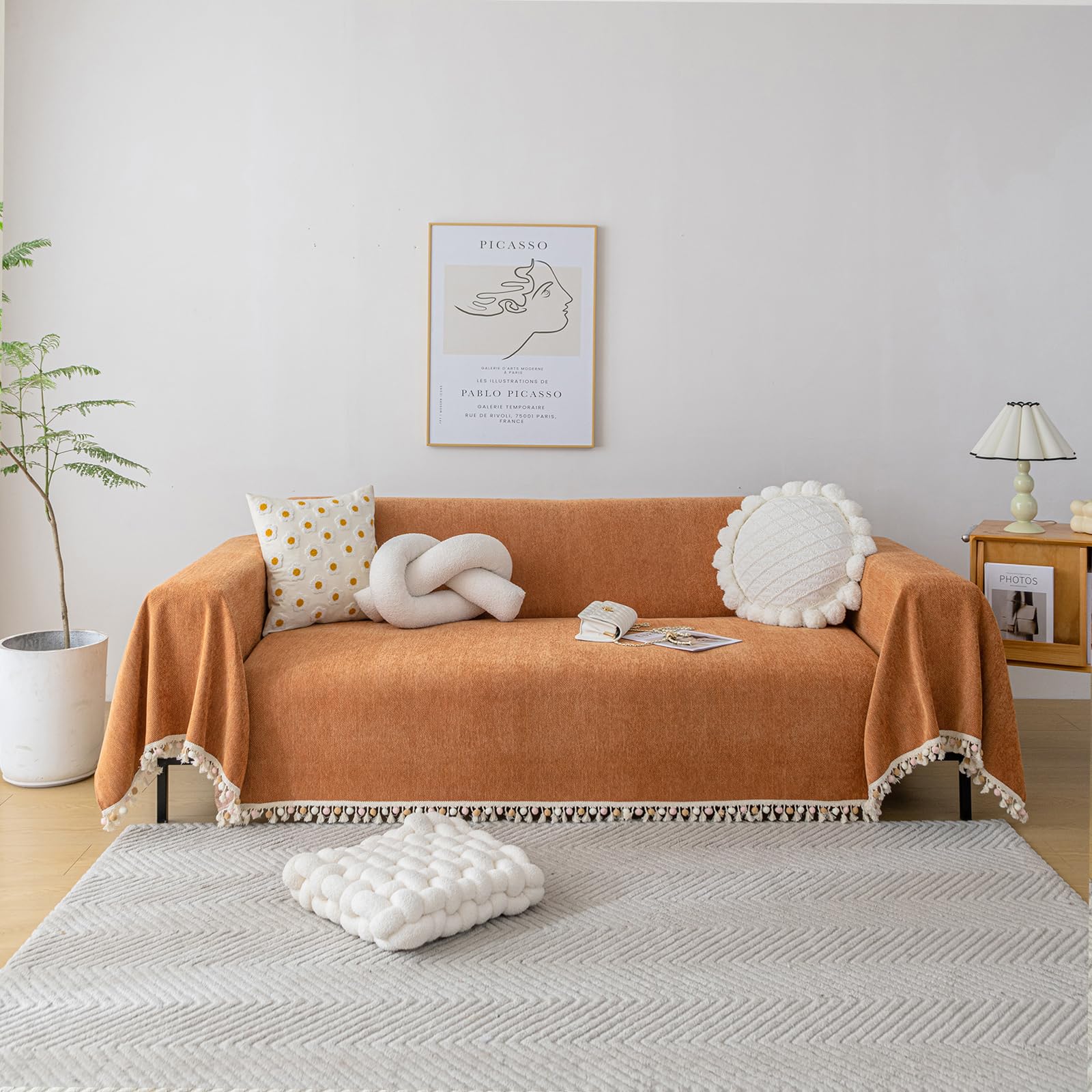 Handontime Dark Orange Sofa Covers Couch Cover For Dogs Colorful Tassel Sofa Seat Cover Lovetseat Cover Pet Couch Cover Bohemian Sofa Cover For Couch Vintage Boho Couch Covers Futon Cover, 91' X118'