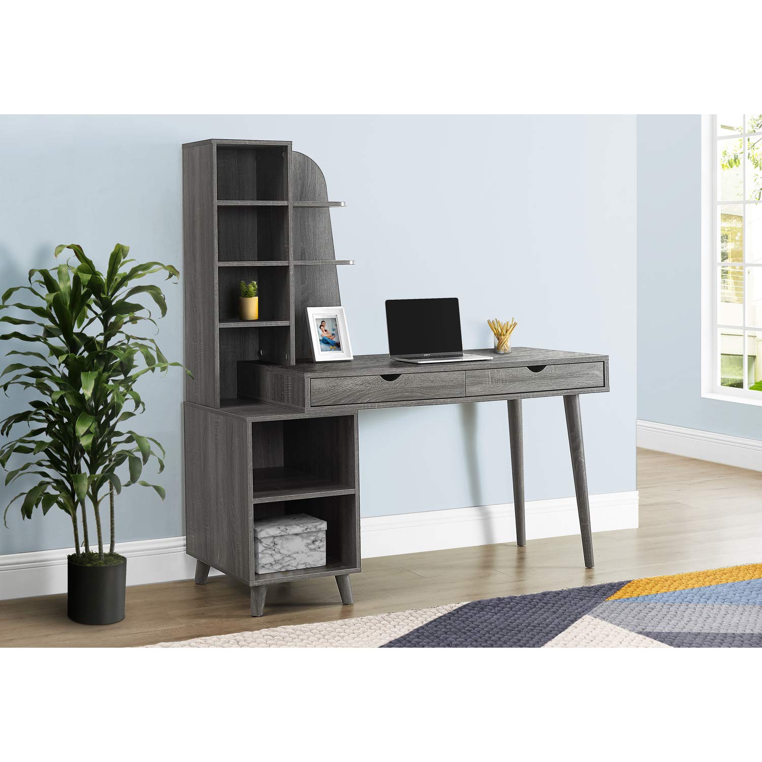 Monarch Specialties Large 2 Drawers Shelves-Bookcase for Home or Office Solid Wood Legs Computer Desk, Grey