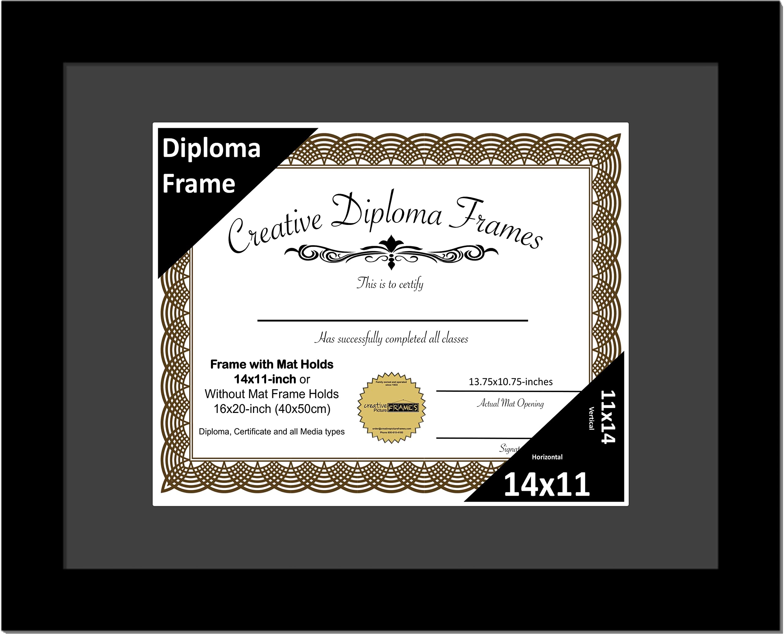 Creative Picture Frames 14x11 Classic Black Diploma Frame with Black Mat Glass Easel and Installed Wall Hangers | Frame Holds 16
