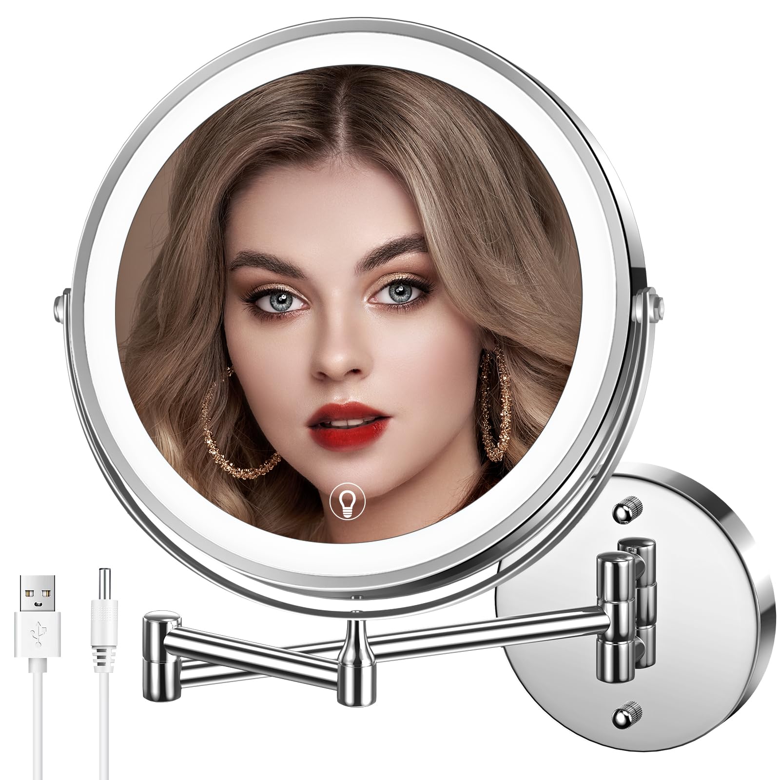MNIENT Wall Mounted Lighted Makeup Mirror, 8' Rechargeable Double-Sided Magnifying Mirror 1x/10x, 3 Colors Led Vanity Mirror wi