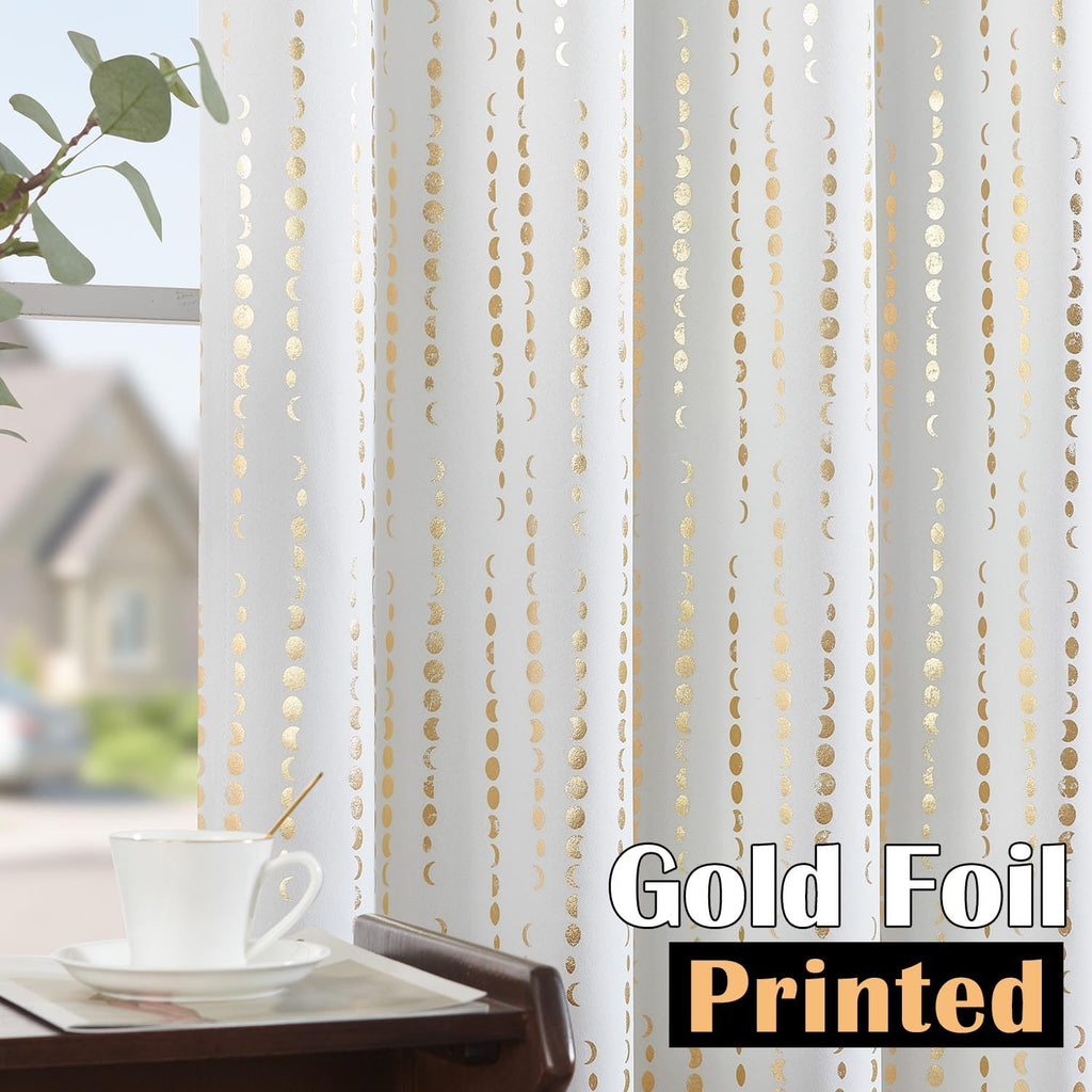 Jinchan 100% Blackout Boho Curtains Moon Phases Printed Bedroom Curtains 63 Inch Length 2 Panels Golden On White Drapes Rod Pocket Back Tab Thermal Insulated Curtains For Nursery Window Drapes