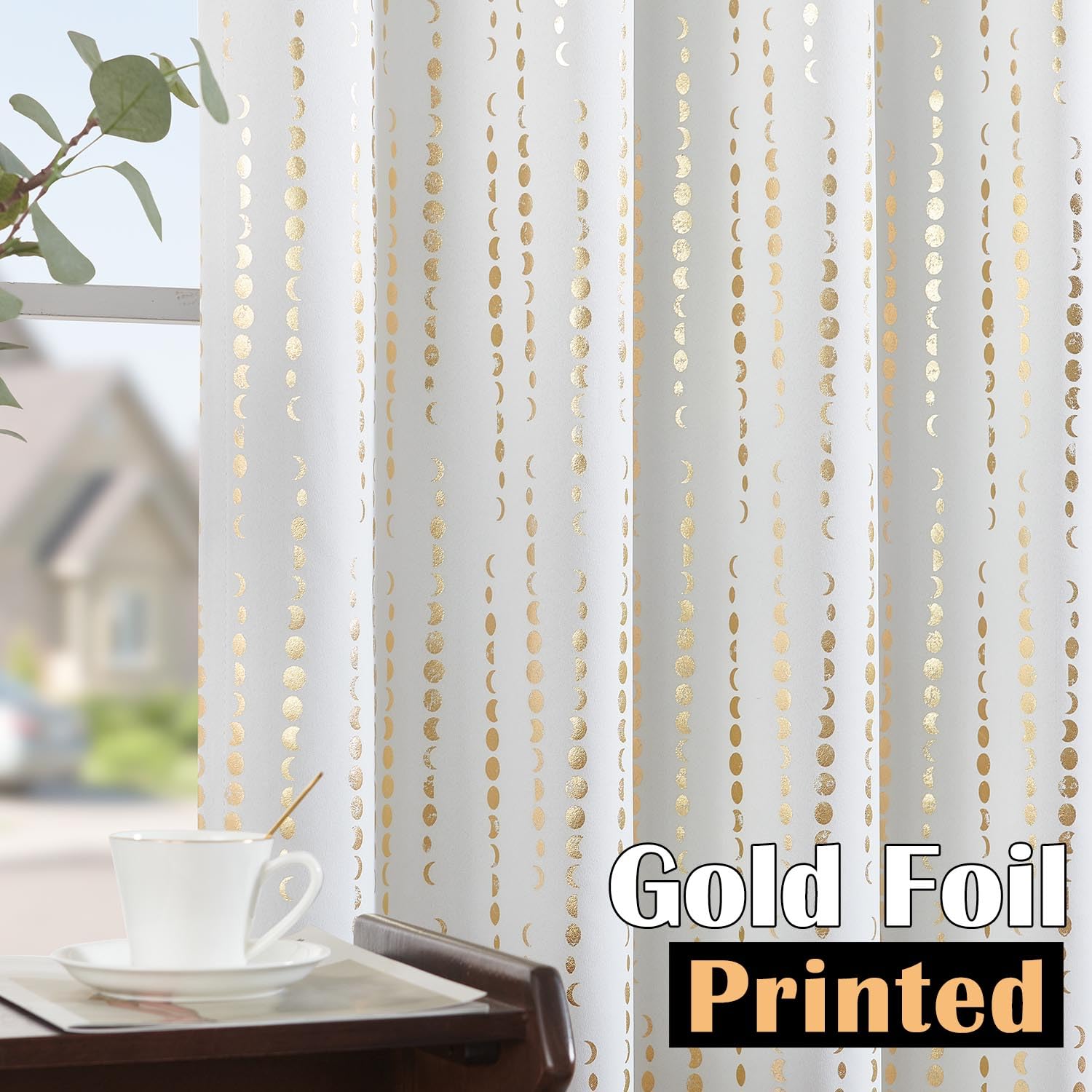 Jinchan 100% Blackout Boho Curtains Moon Phases Printed Bedroom Curtains 63 Inch Length 2 Panels Golden On White Drapes Rod Pocket Back Tab Thermal Insulated Curtains For Nursery Window Drapes