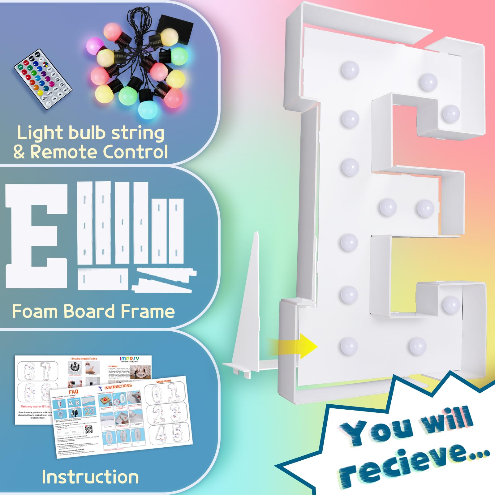 Imprsv 4Ft Colorful Marquee Light Up Letters E, 18 Colors Light Up Letters Alphabet Sign With Remote, Marry Me Light Up Letters,