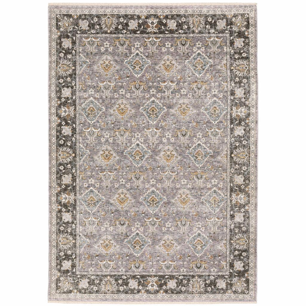HomeRoots 509434 10 x 13 ft. Gray & Blue Oriental Power Loom Stain Resistant Rectangle Area Rug with Fringe