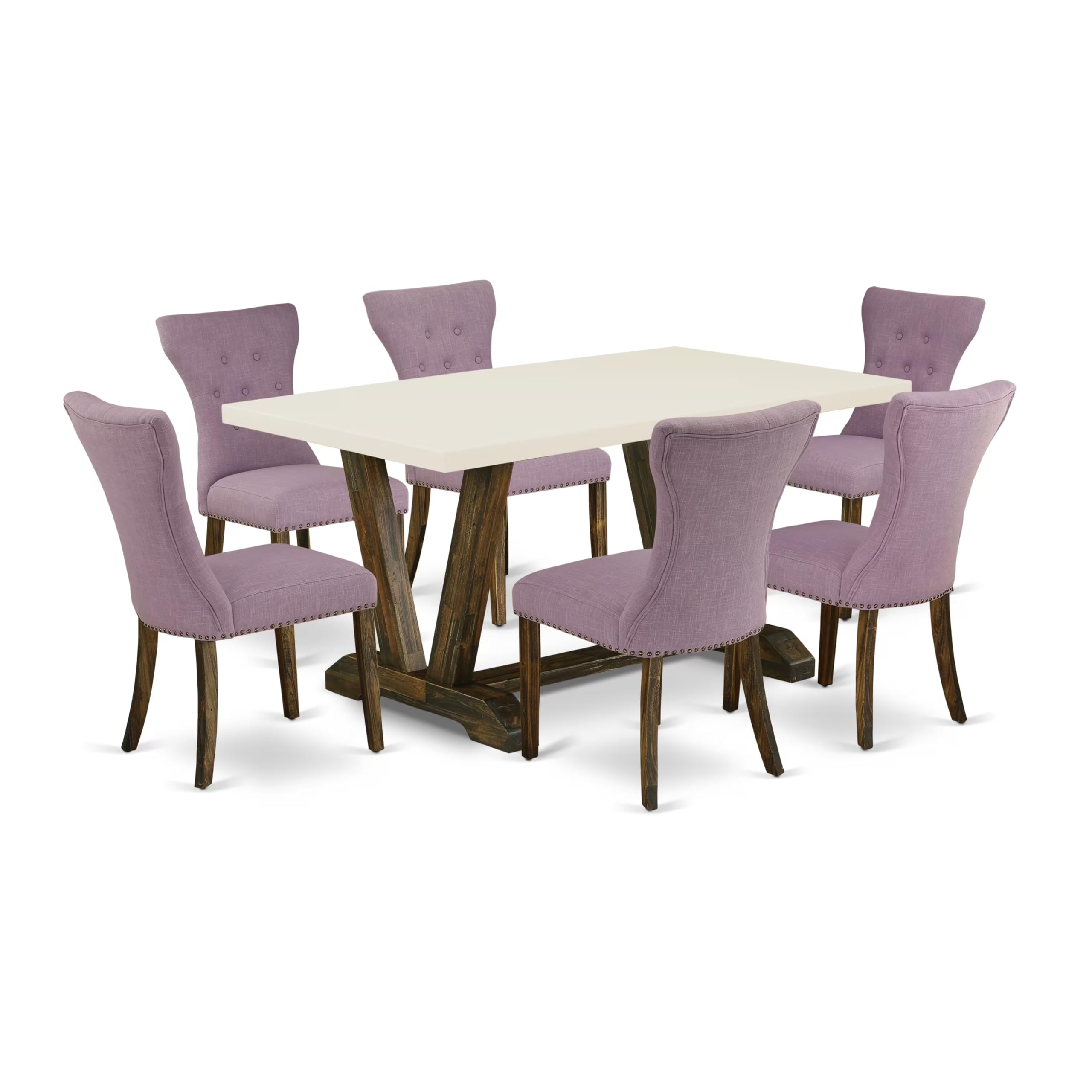 East West Furniture V726Ga740-7 7 Piece Modern Dining Table Set Consist Of A Rectangle Wooden Table With V-Legs And 6 Dahlia Linen Fabric Upholstered Chairs, 36X60 Inch, Multi-Color