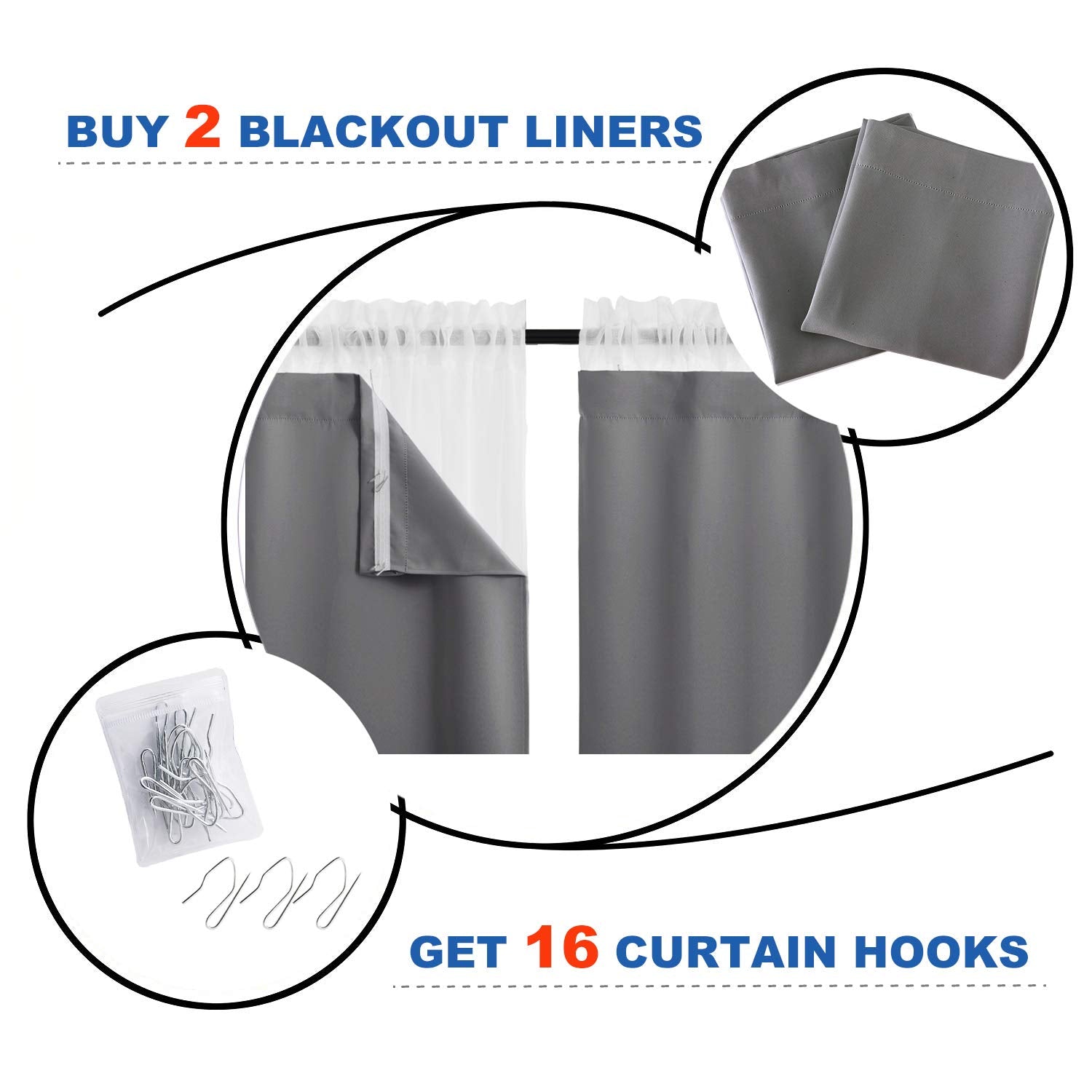 Nicetown Door Curtains For Doorway, Bonus Curtain Hooks, Each Is 27'' X 80'', Grey, Blackout Drapery Liners For 84 Inch Curtains