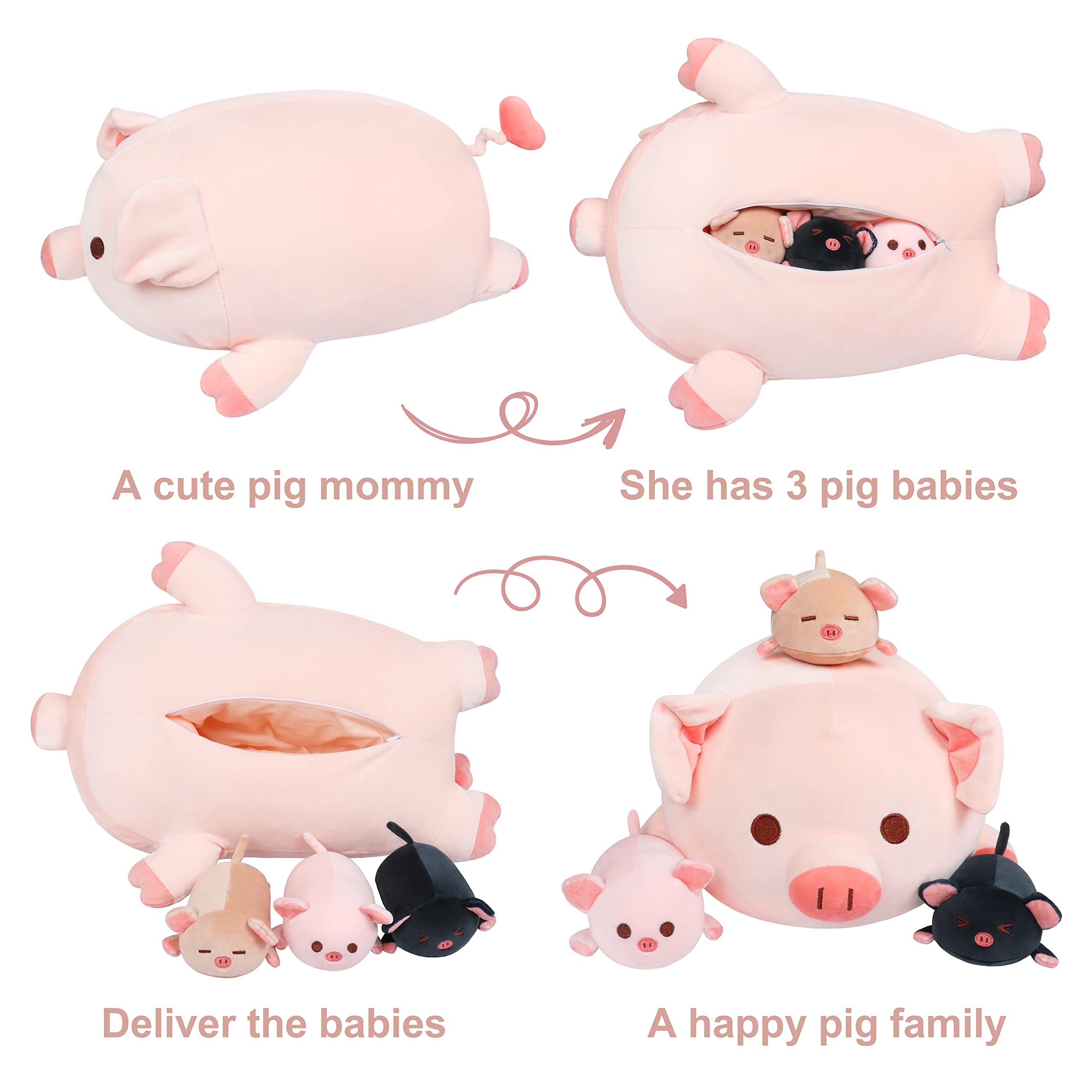 Achwishap Pig Stuffed Animal Mommy 19.6    With 3 Pig Plushies,4 Pcs Cute Pig Plush Pillow,Kawaii Toys Soft Hugging Pillow For K