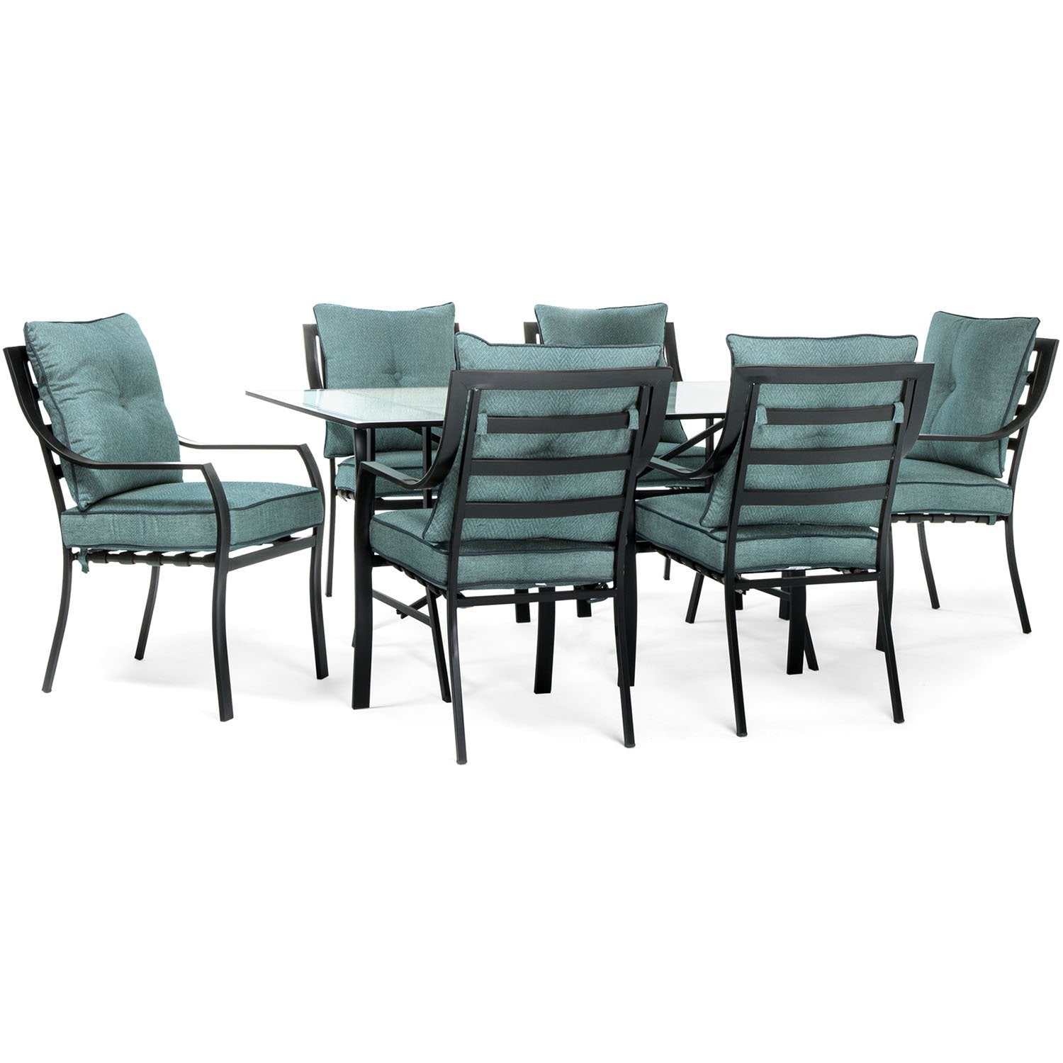Hanover Lavallette 7-Piece Patio Dining Set, Steel Outdoor Dining Set With Ocean Blue Cushions, 6 Dining Chairs And Tempered Gla