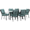 Hanover Lavallette 7-Piece Patio Dining Set, Steel Outdoor Dining Set With Ocean Blue Cushions, 6 Dining Chairs And Tempered Gla