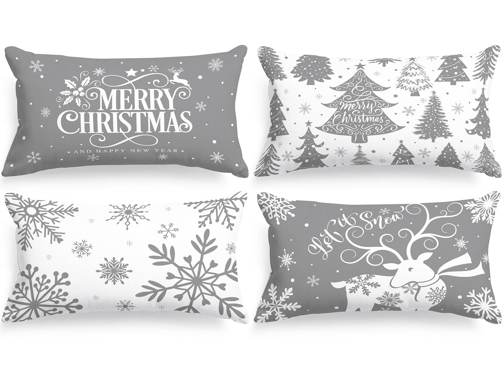 Lanpn White And Grey 12X20 Christmas Lumbar Pillow Covers Set Of 4, Decorative Rectangle Long 12 X 20 Gray Winter Snowflake Thro