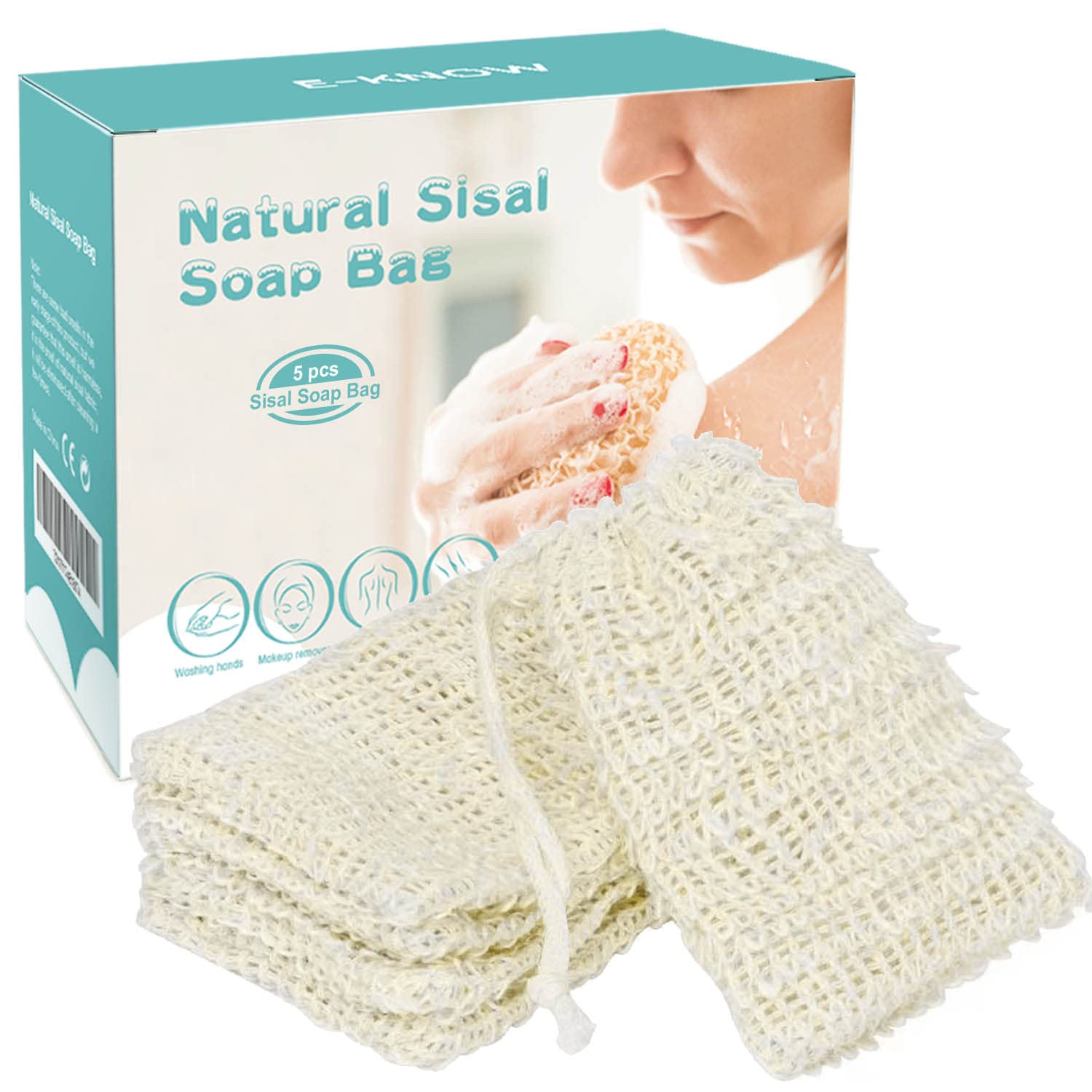 E-Know Soap Bag, 5 Pack Natural Sisal Soap Saver, Zero Waste Plastic-Free Soap Net, Foaming and Drying The Soap, Massage, Peelin