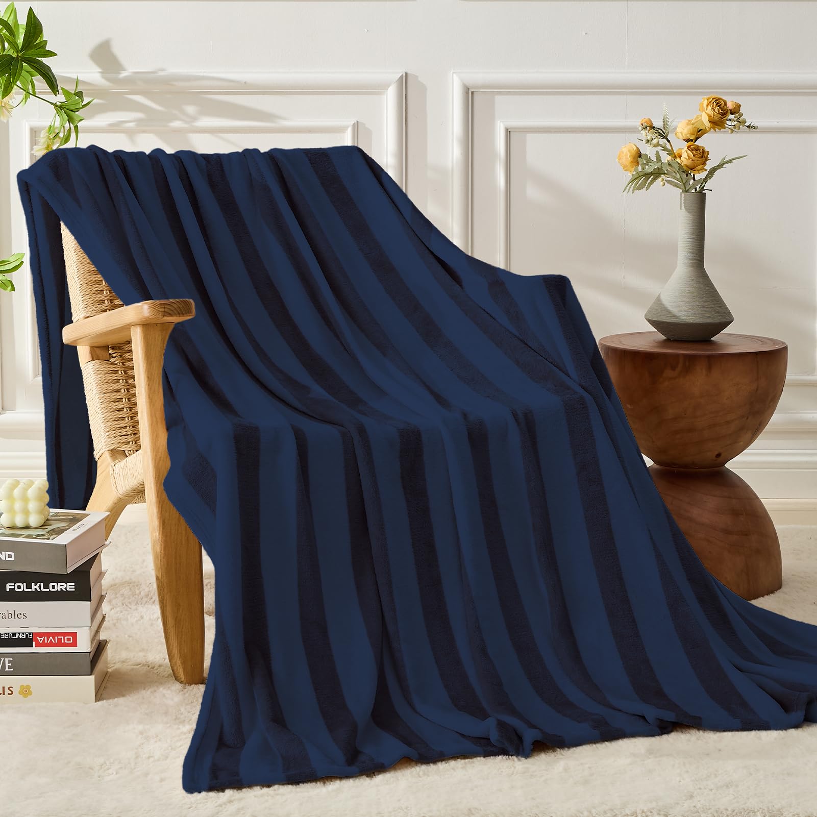 Fy Fiber House Striped Flannel Queen Blanket - Soft Cozy Striped Blanket For Couch, Sofa, Or Bed - 90'X90', Navy, All Season U