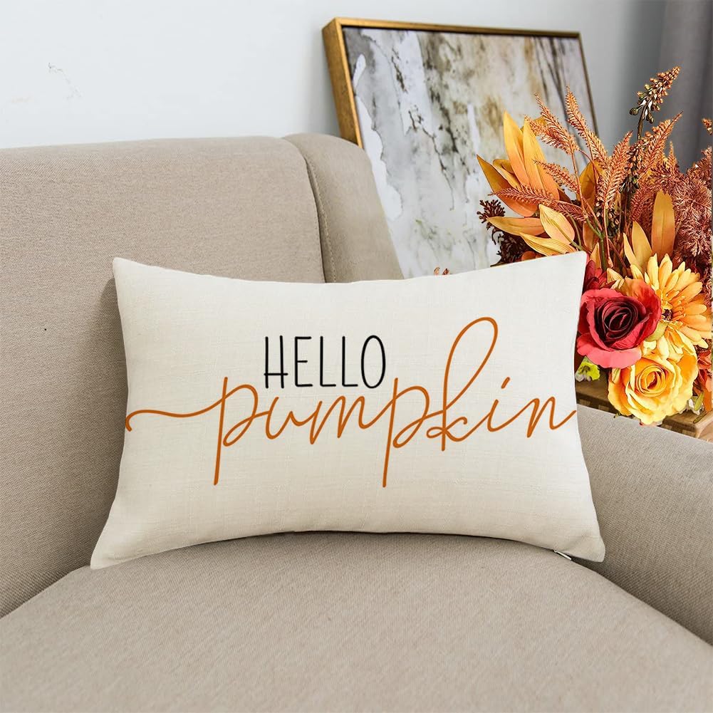 Rabusofa Fall Pillow Covers 12X20 Inch,Autumn Hello Pumpkin Pillows Decorative Throw Pillows,Lumbar Outdoor Thanksgiving Cushion