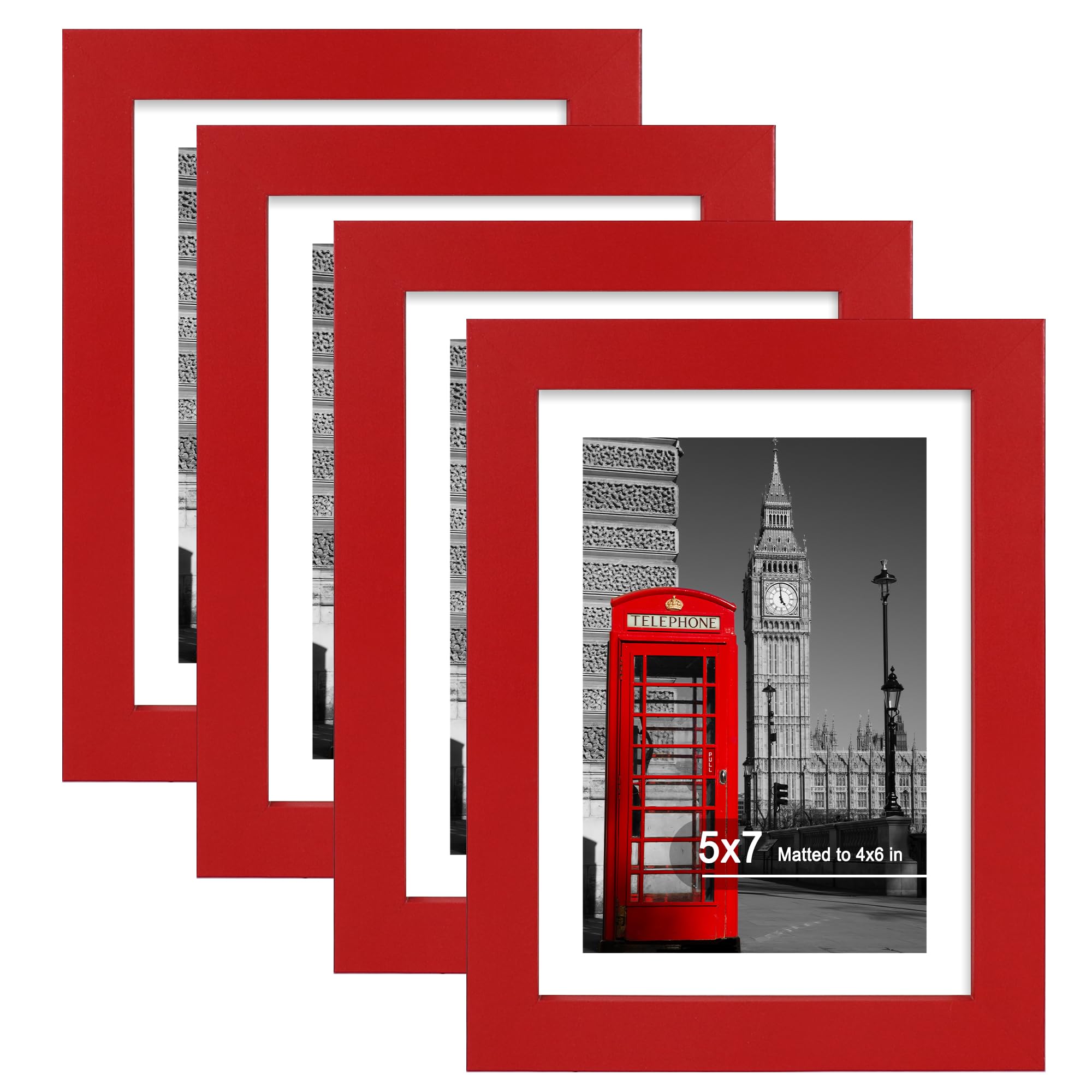 Hongkee 5x7 Picture Frame (4 Pack, Red) Made of Real Glass and Wooden Frame - Display Pictures 4x6 with Mat or 5x7 Without Mat, 