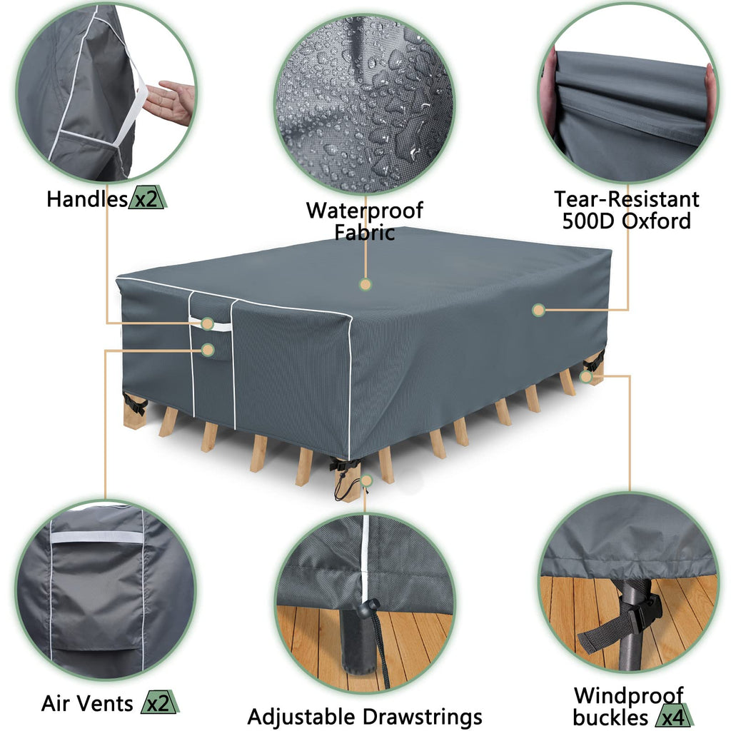 Patio Table Cover, Waterproof Outdoor Table Cover Rectangular, 500D Heavy Duty, All Weather Protection Patio Furniture Cover For Outdoor Furniture Set, 90' L X 62' W X 29' H -Grey